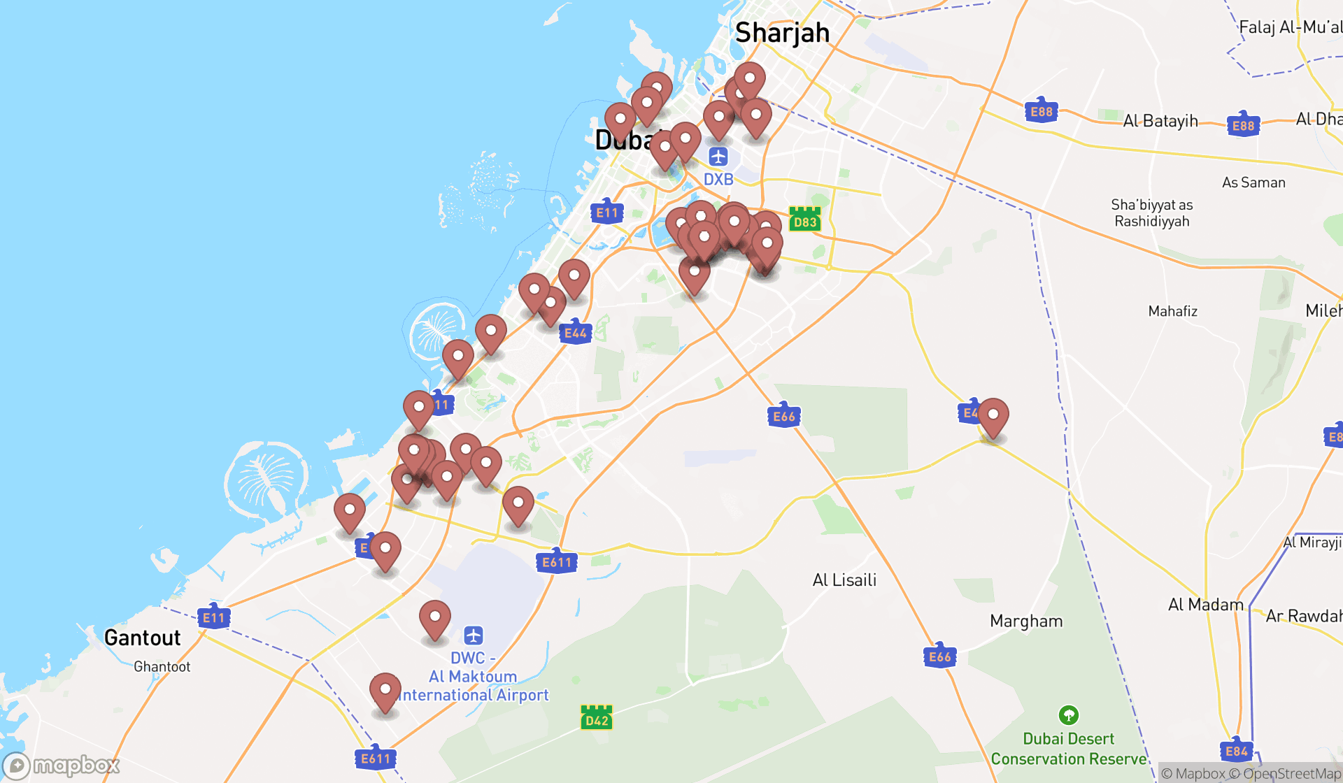 Map showing the search results in Dubai