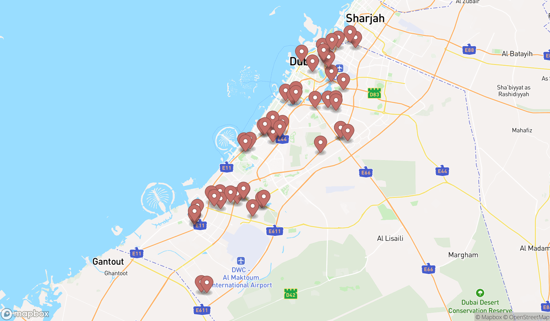 Map showing the search results in Dubai