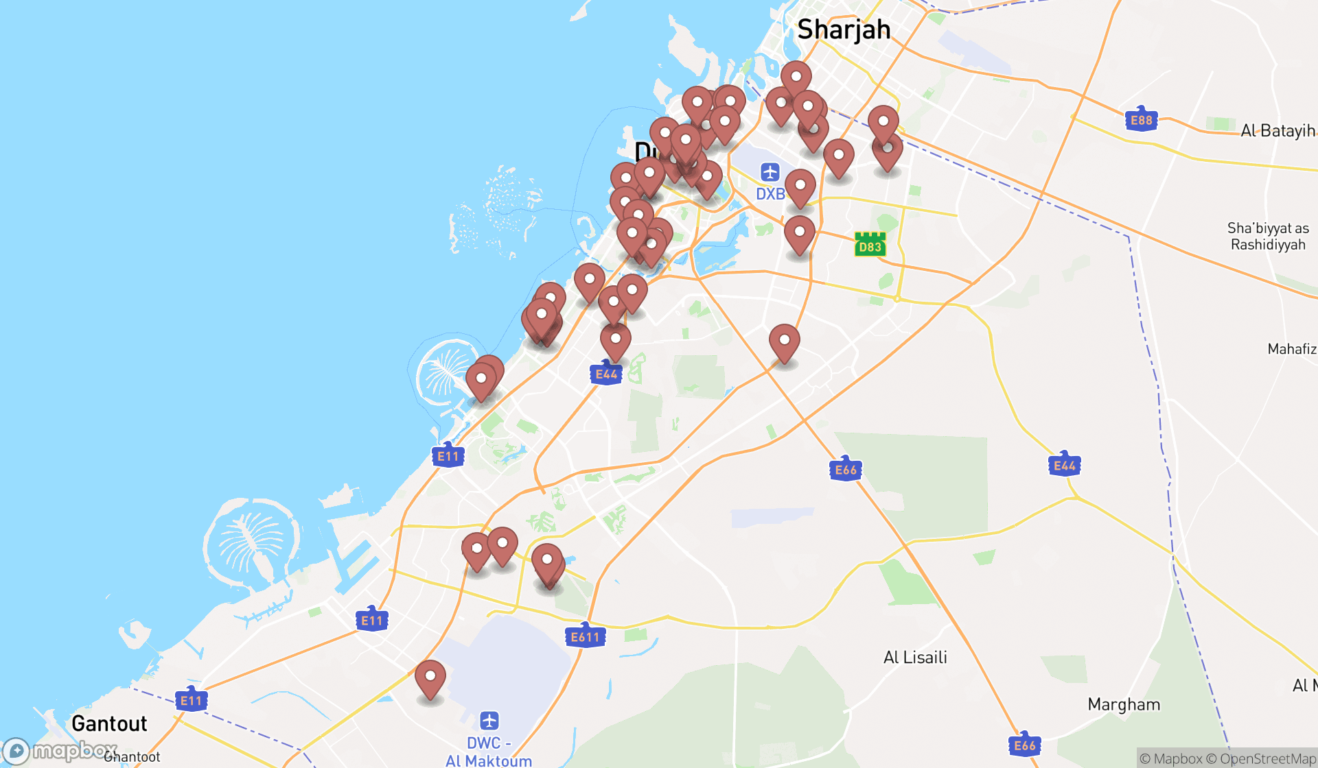 Map showing the search results in Dubai