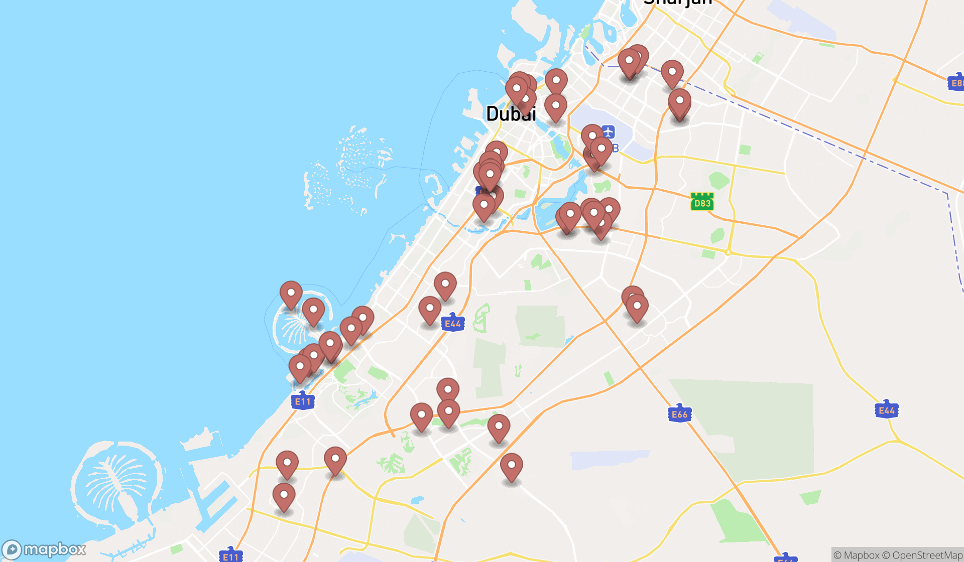 Map showing the search results in Dubai
