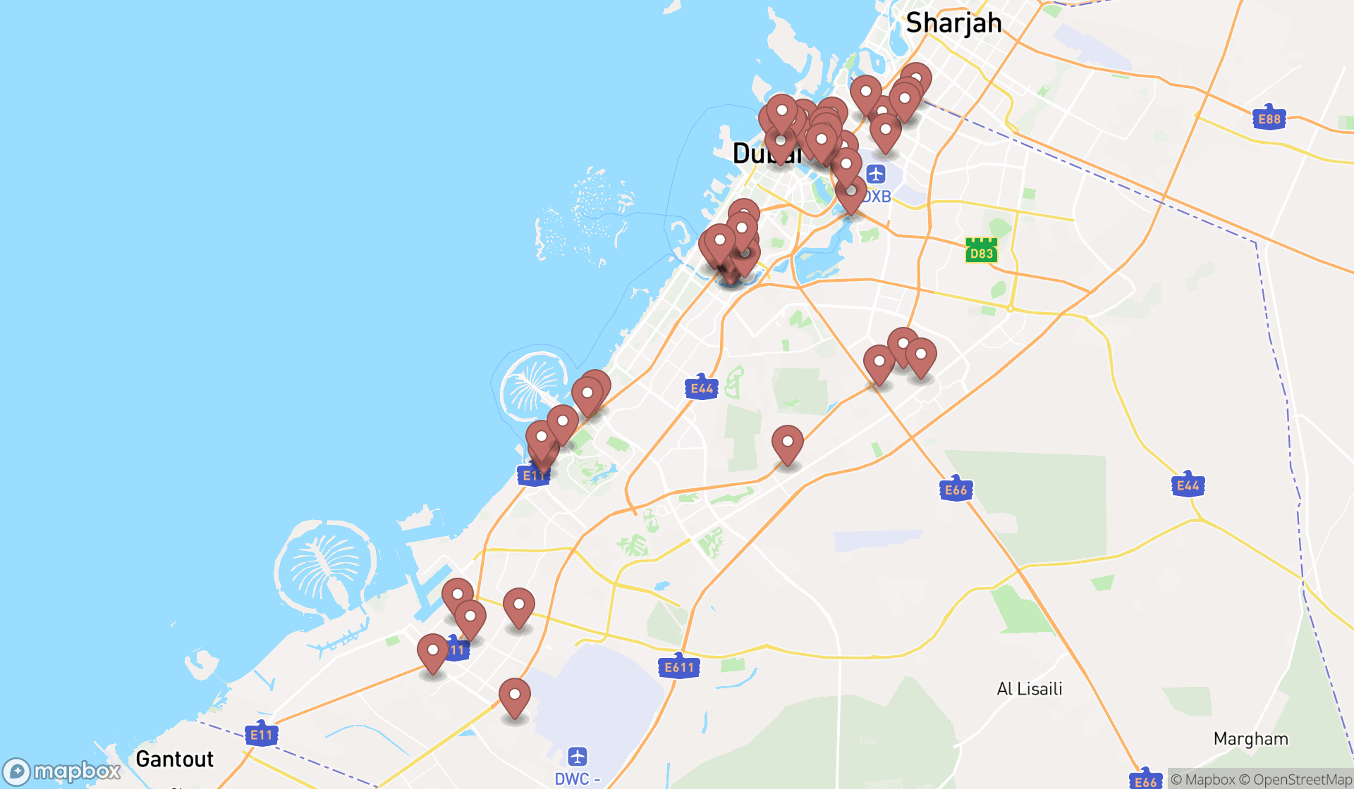 Map showing the search results in Dubai