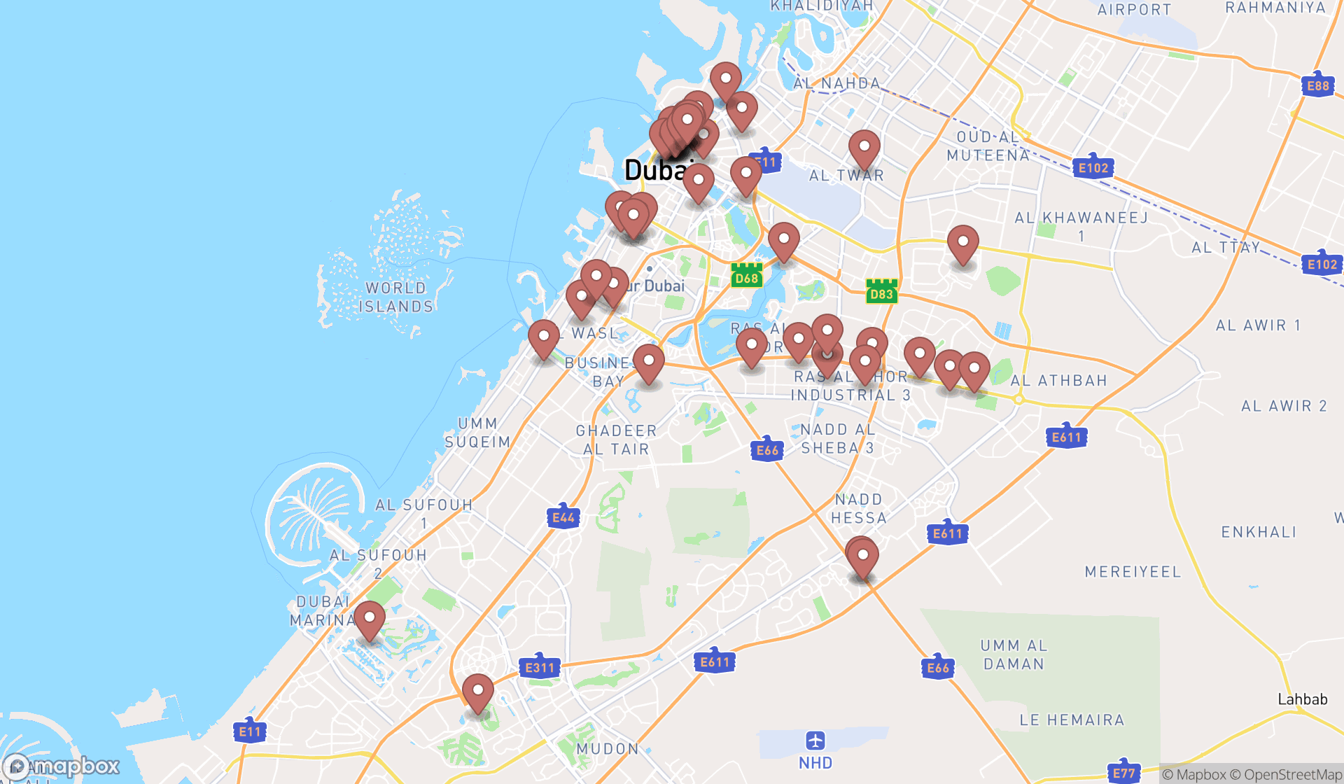 Map showing the search results in Dubai
