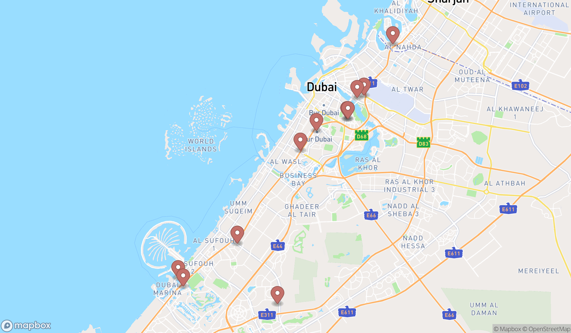 Map showing the search results in Dubai