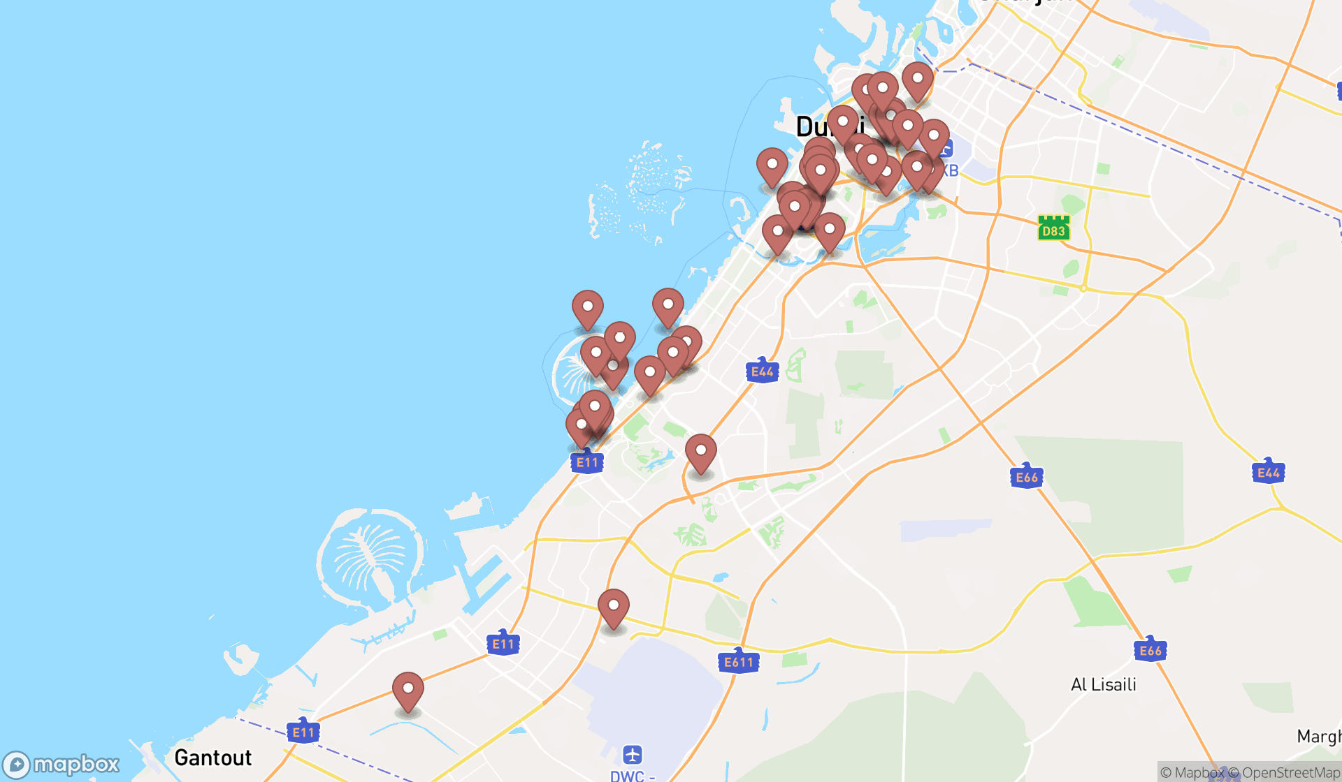 Map showing the search results in Dubai