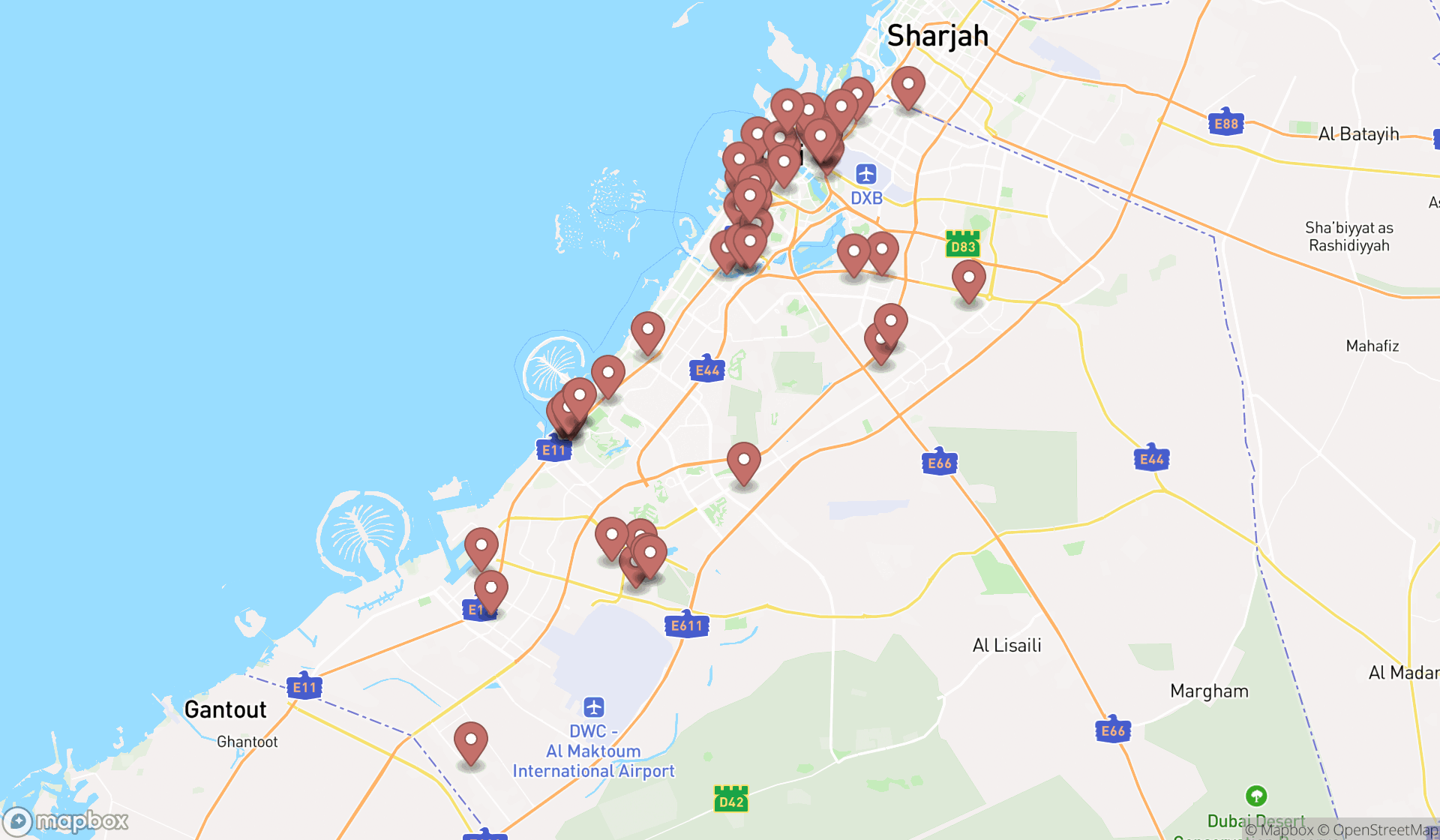 Map showing the search results in Dubai