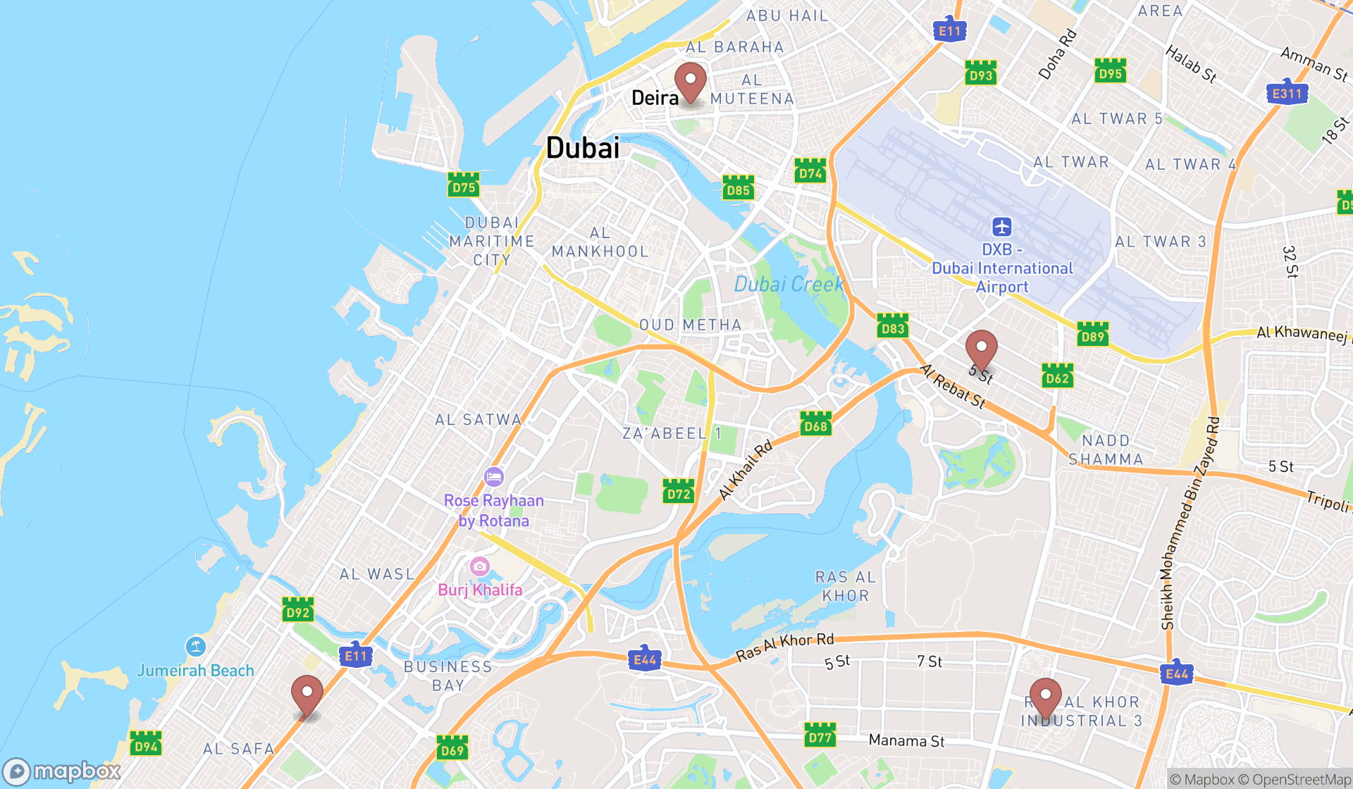 Map showing the search results in Dubai