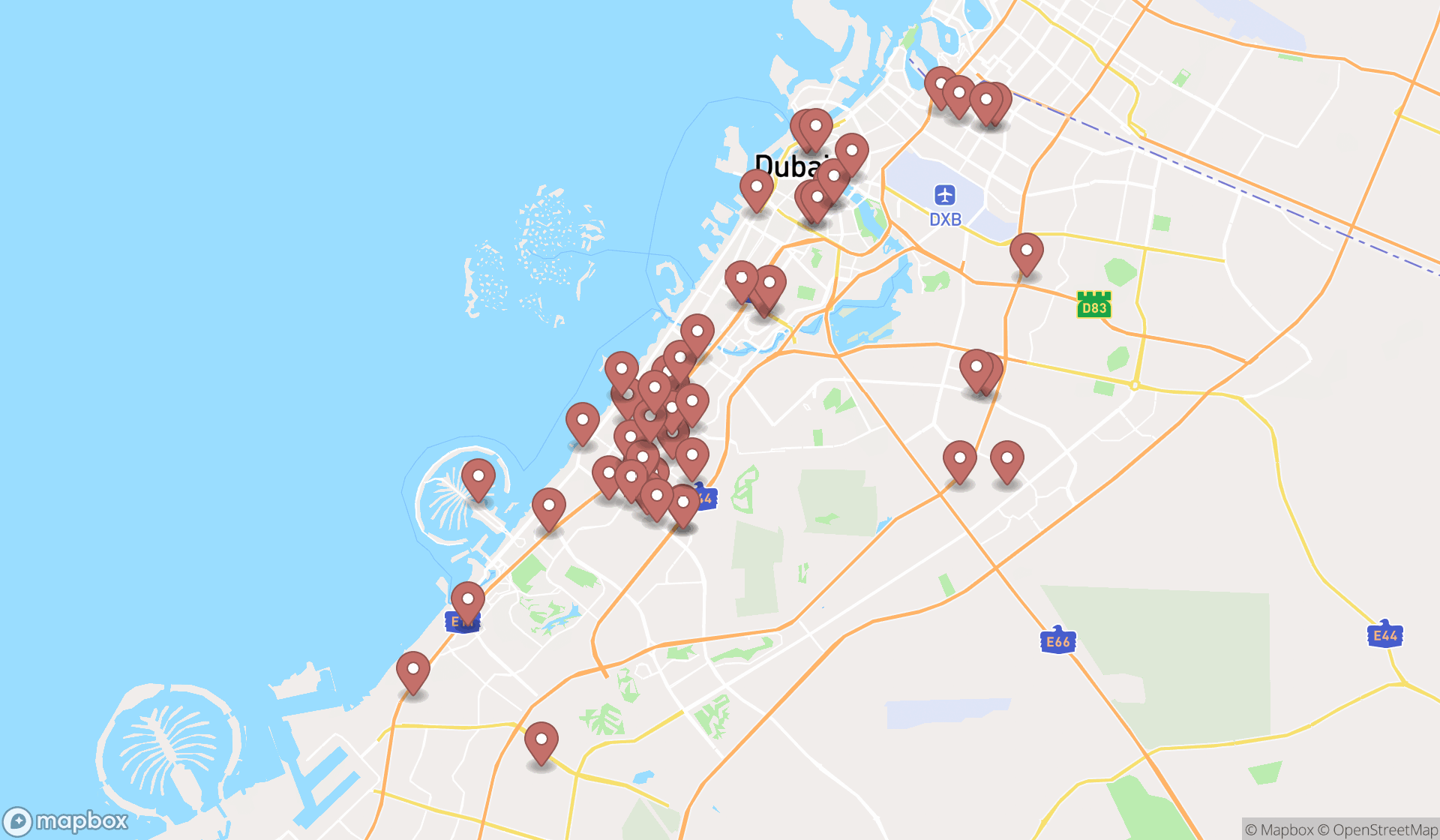 Map showing the search results in Dubai