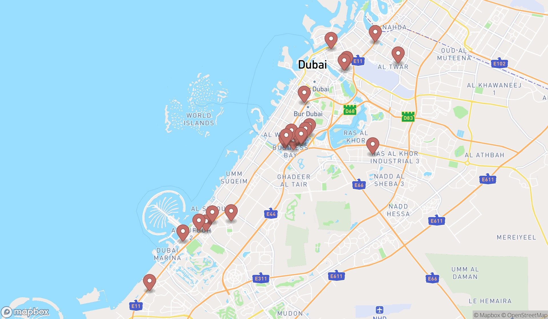 Map showing the search results in Dubai