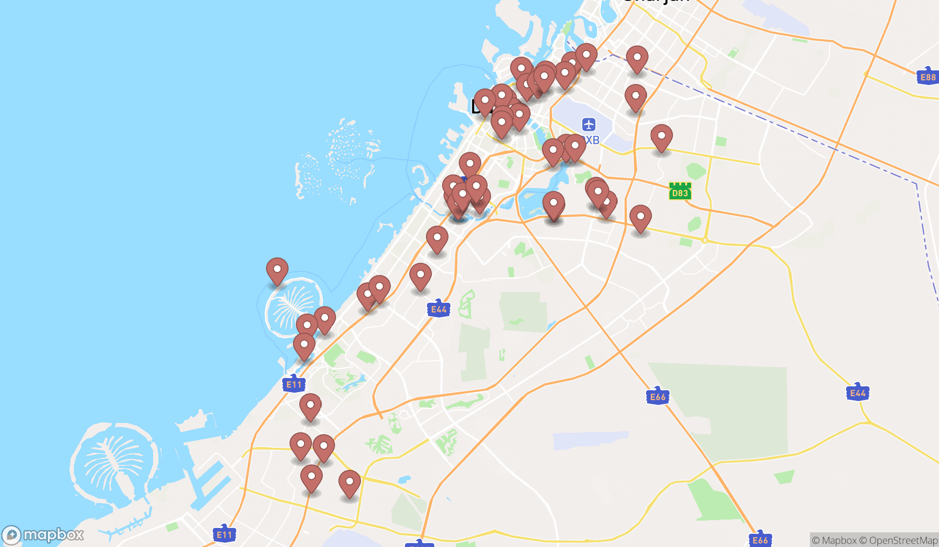 Map showing the search results in Dubai