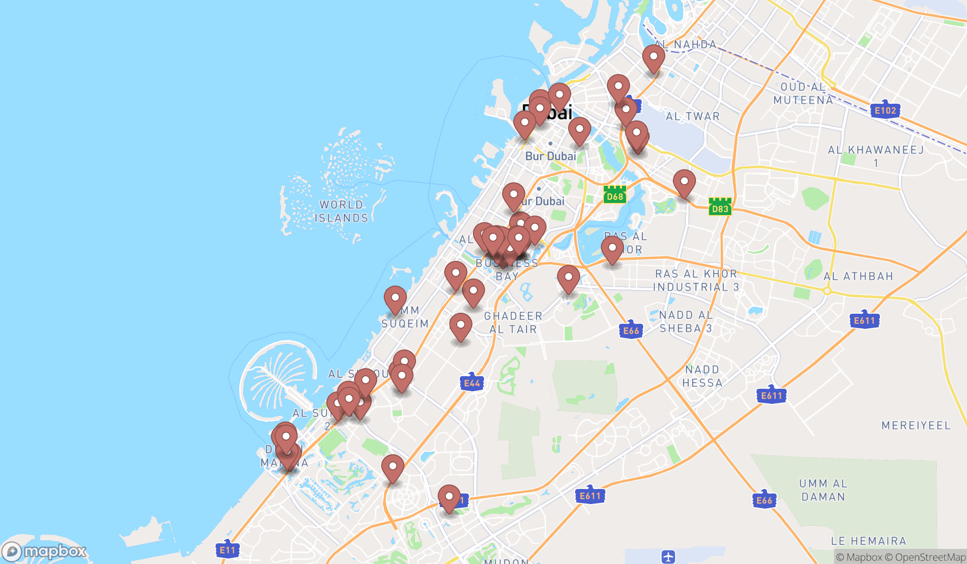 Map showing the search results in Dubai