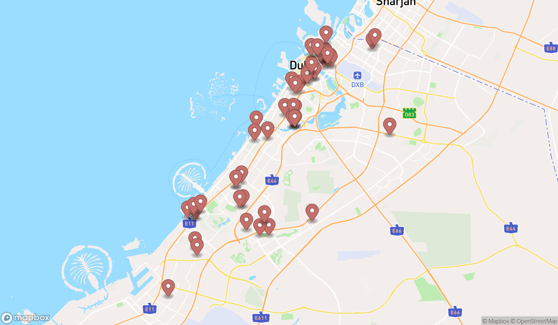 Map showing the search results in Dubai