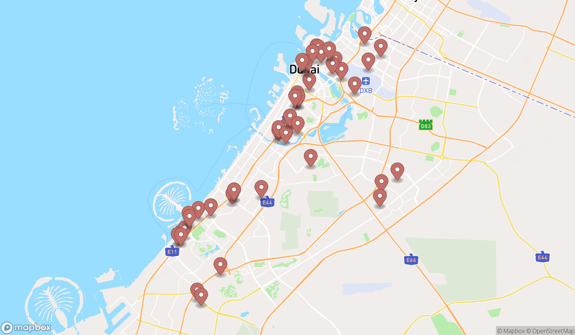 Map showing the search results in Dubai