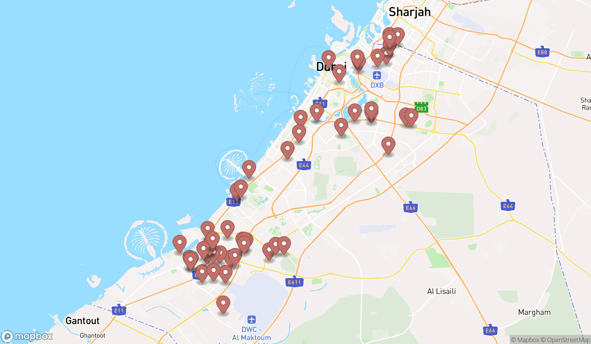 Map showing the search results in Dubai