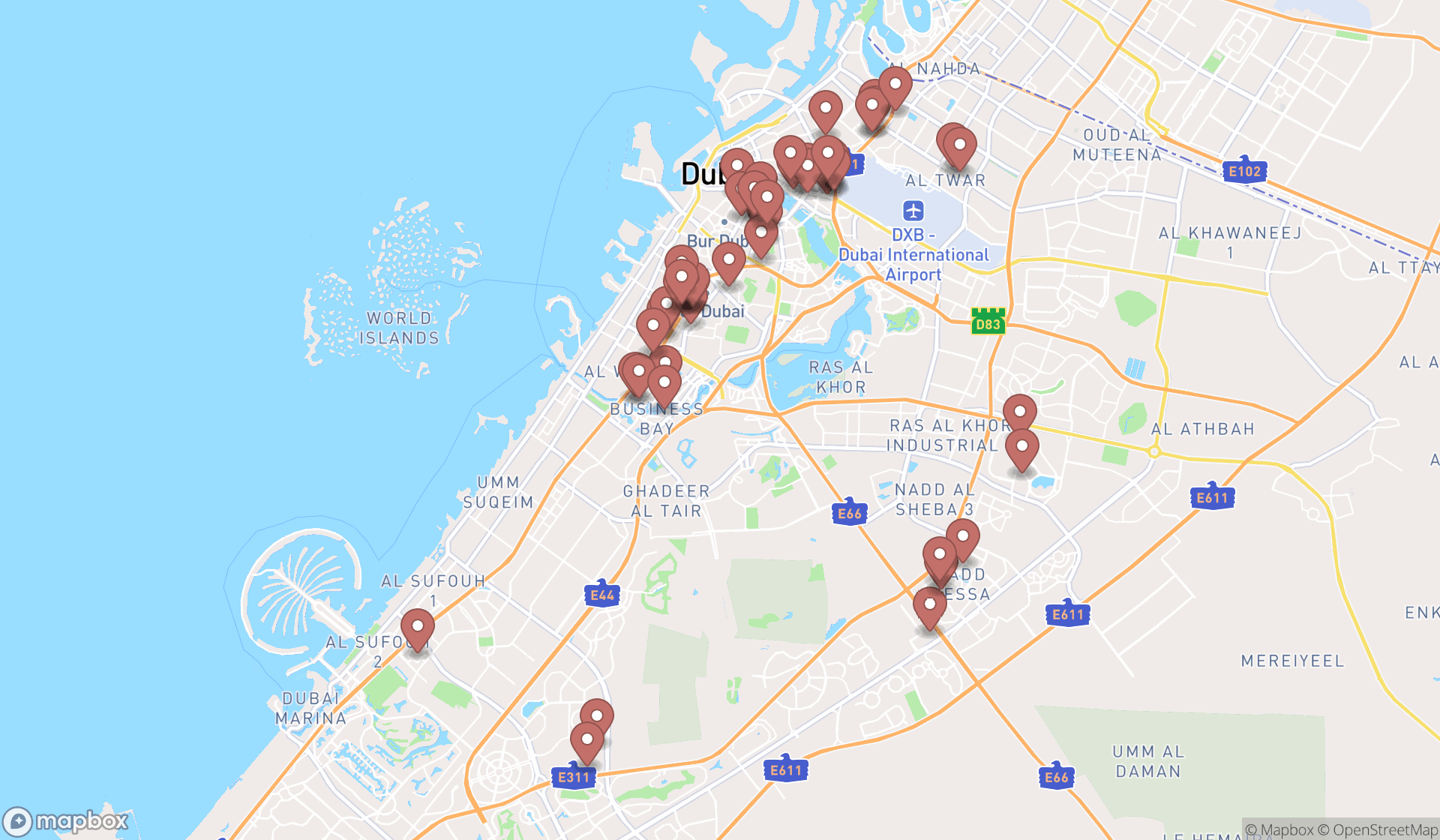 Map showing the search results in Dubai