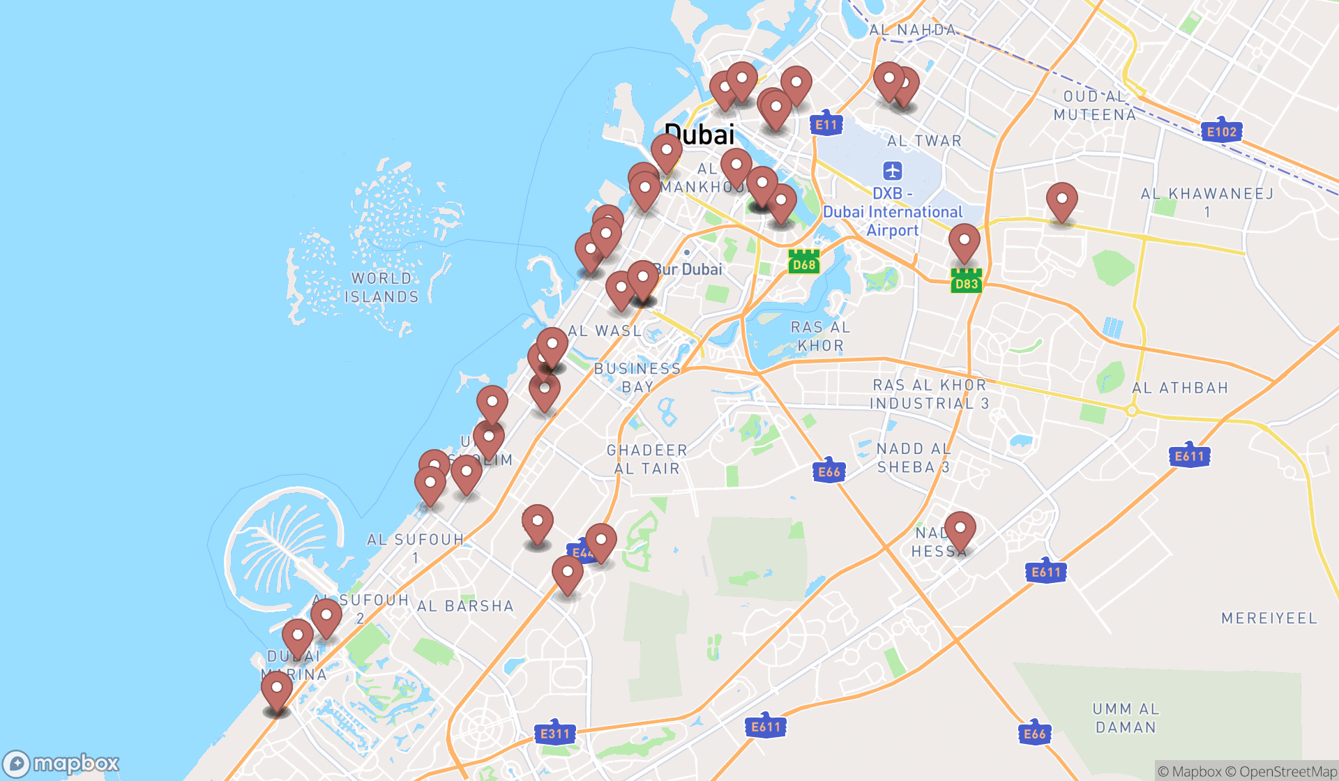 Map showing the search results in Dubai