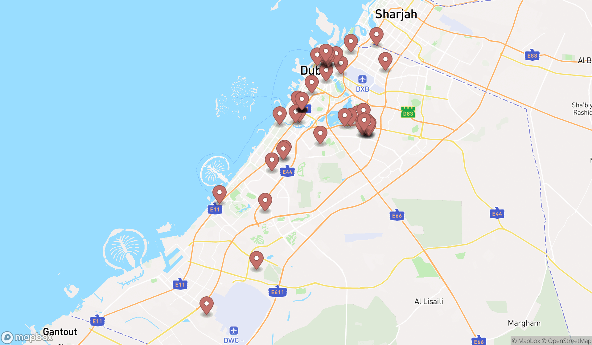 Map showing the search results in Dubai