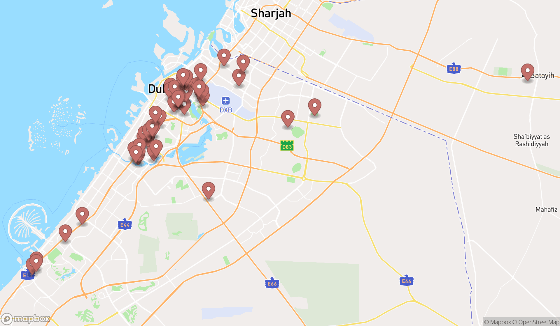 Map showing the search results in Dubai