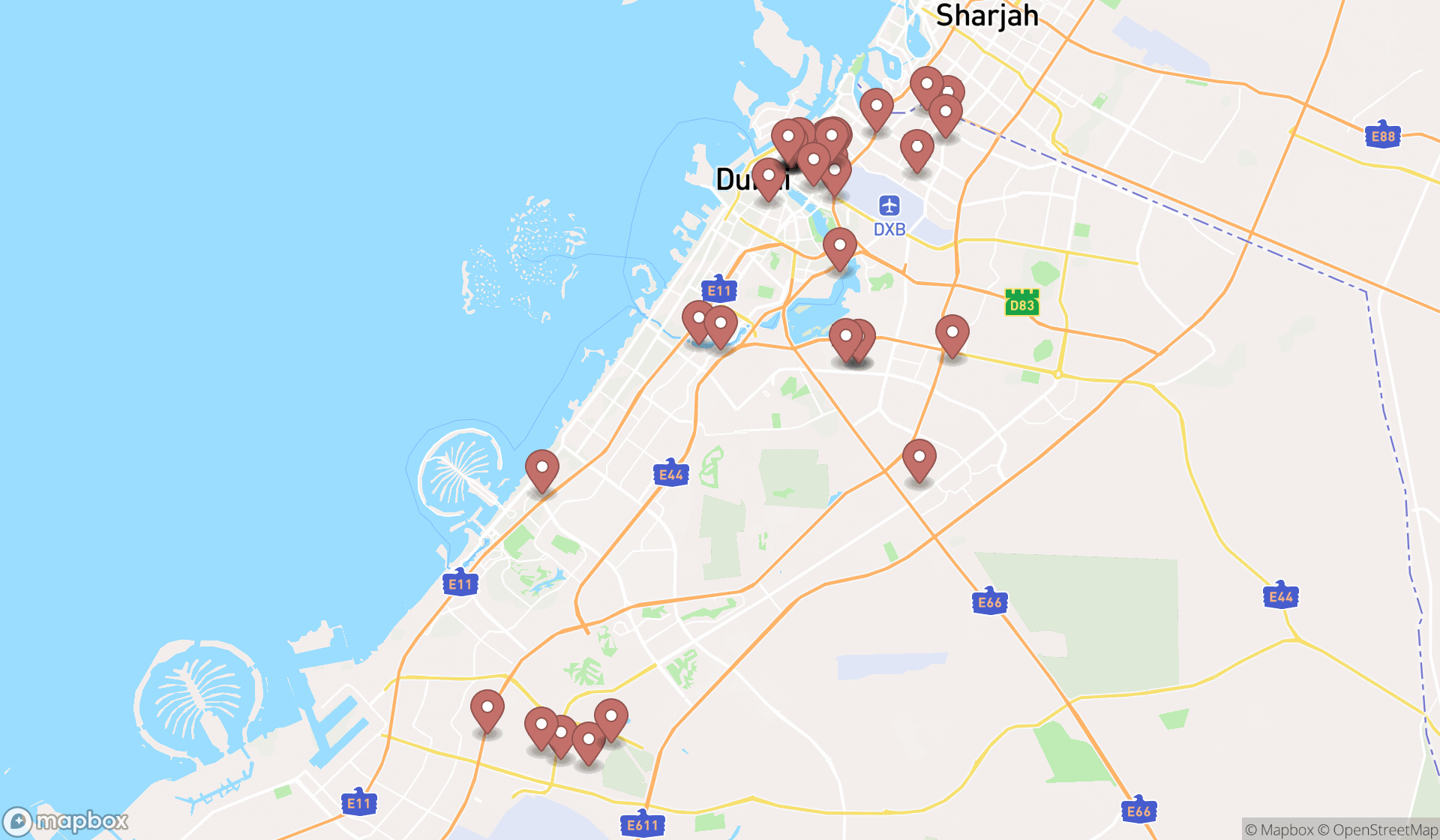 Map showing the search results in Dubai