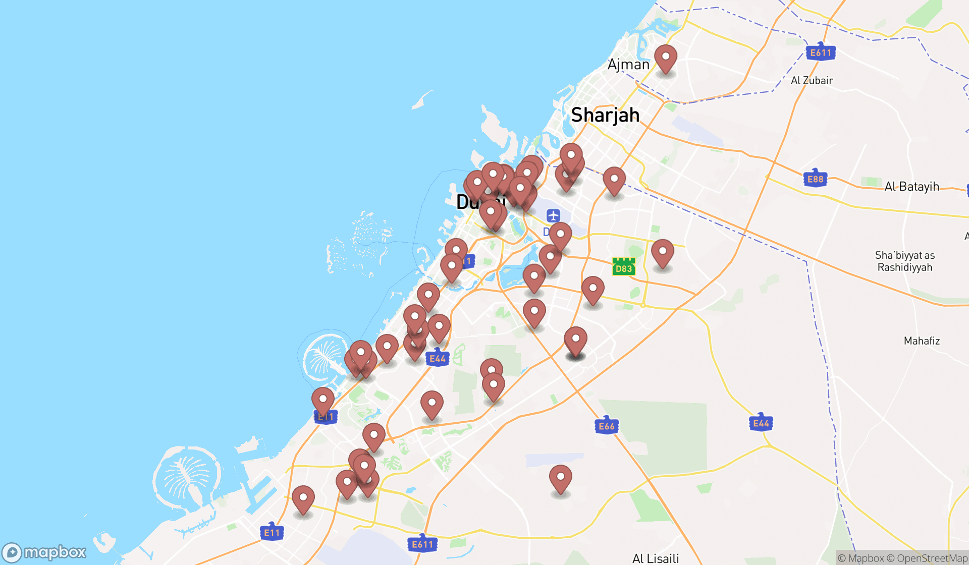 Map showing the search results in Dubai