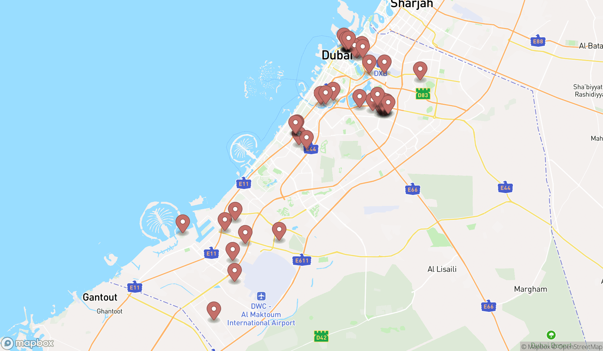 Map showing the search results in Dubai