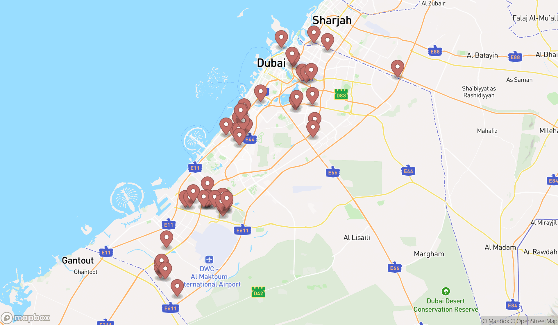 Map showing the search results in Dubai