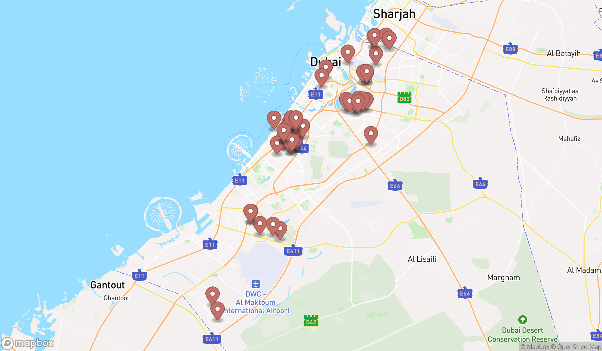 Map showing the search results in Dubai