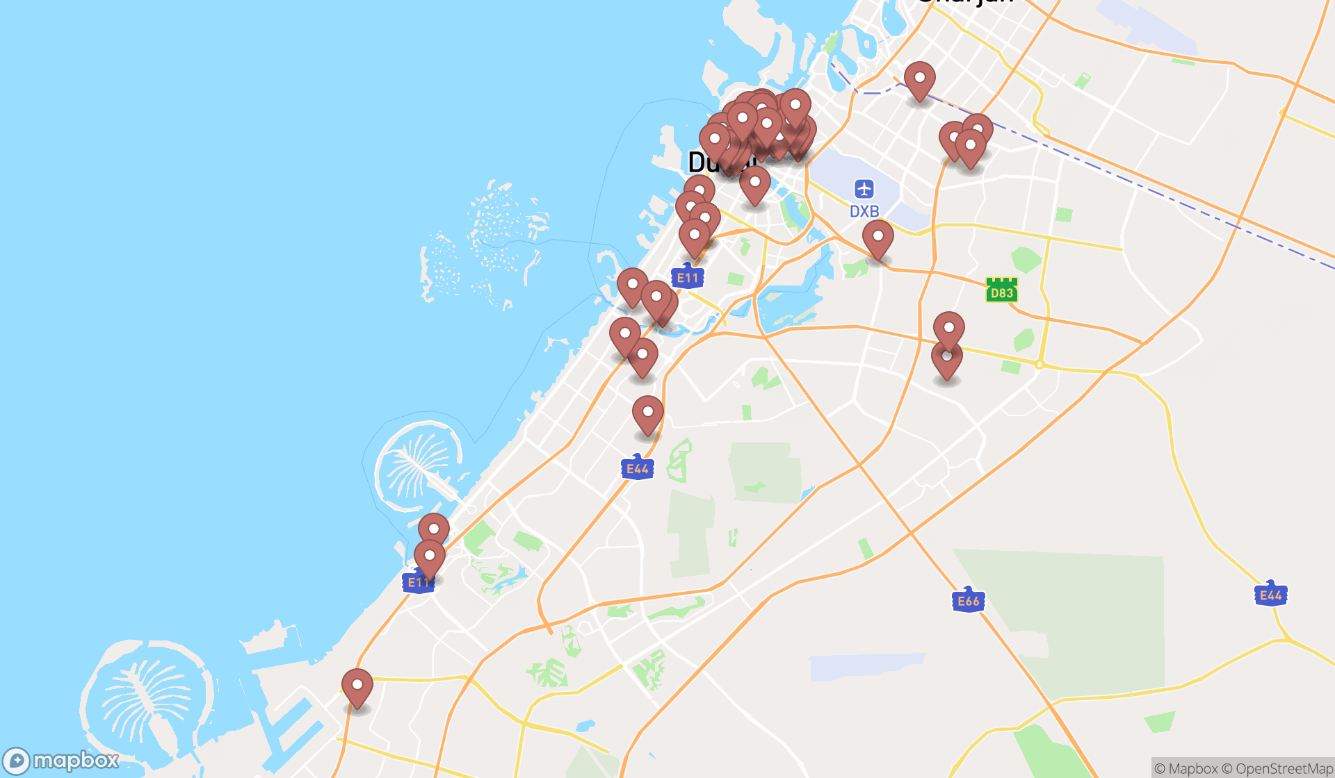 Map showing the search results in Dubai