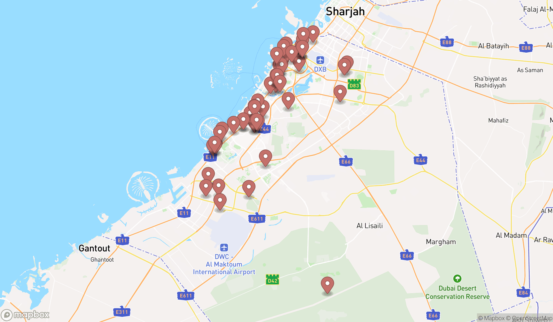 Map showing the search results in Dubai