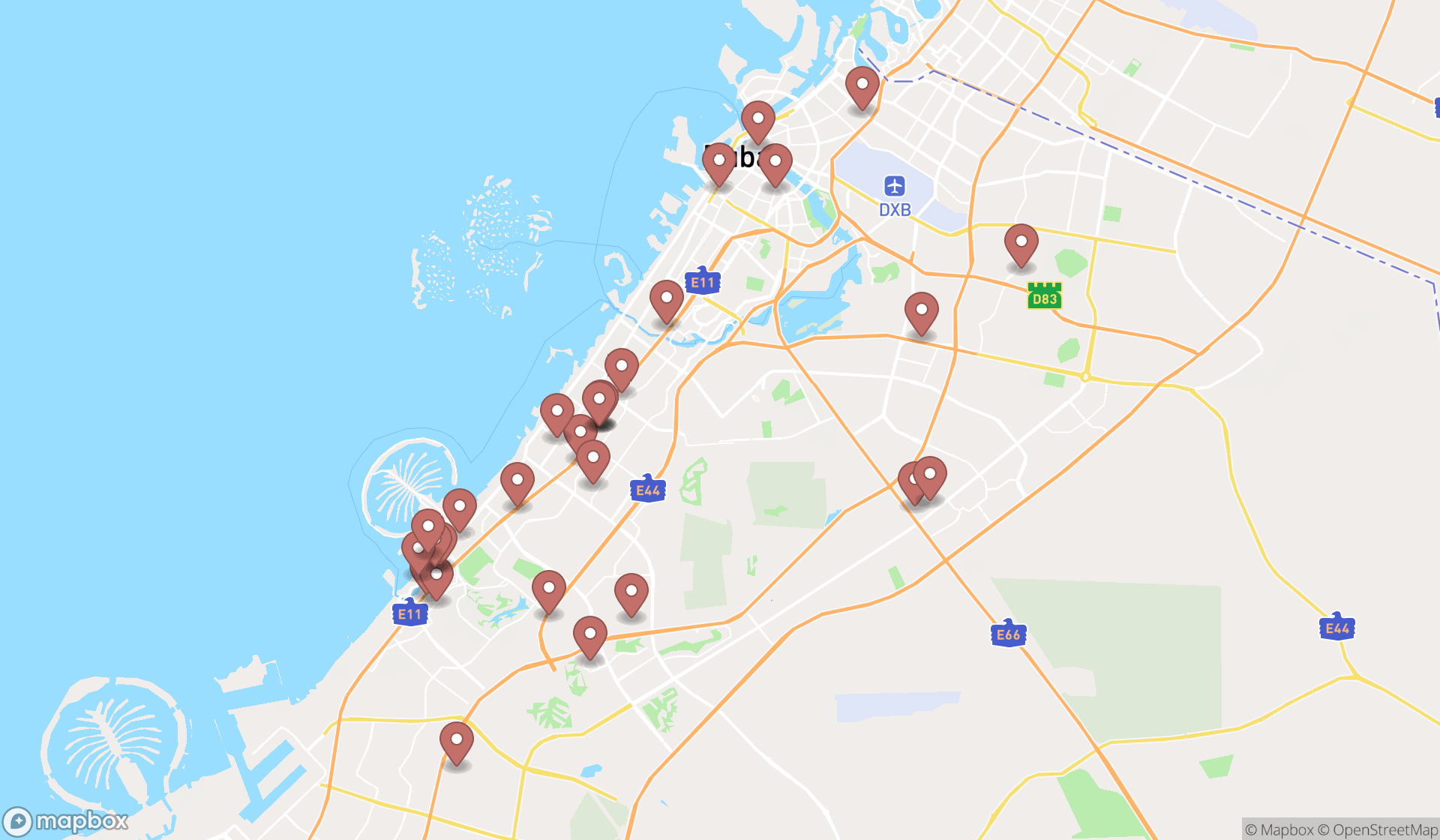 Map showing the search results in Dubai