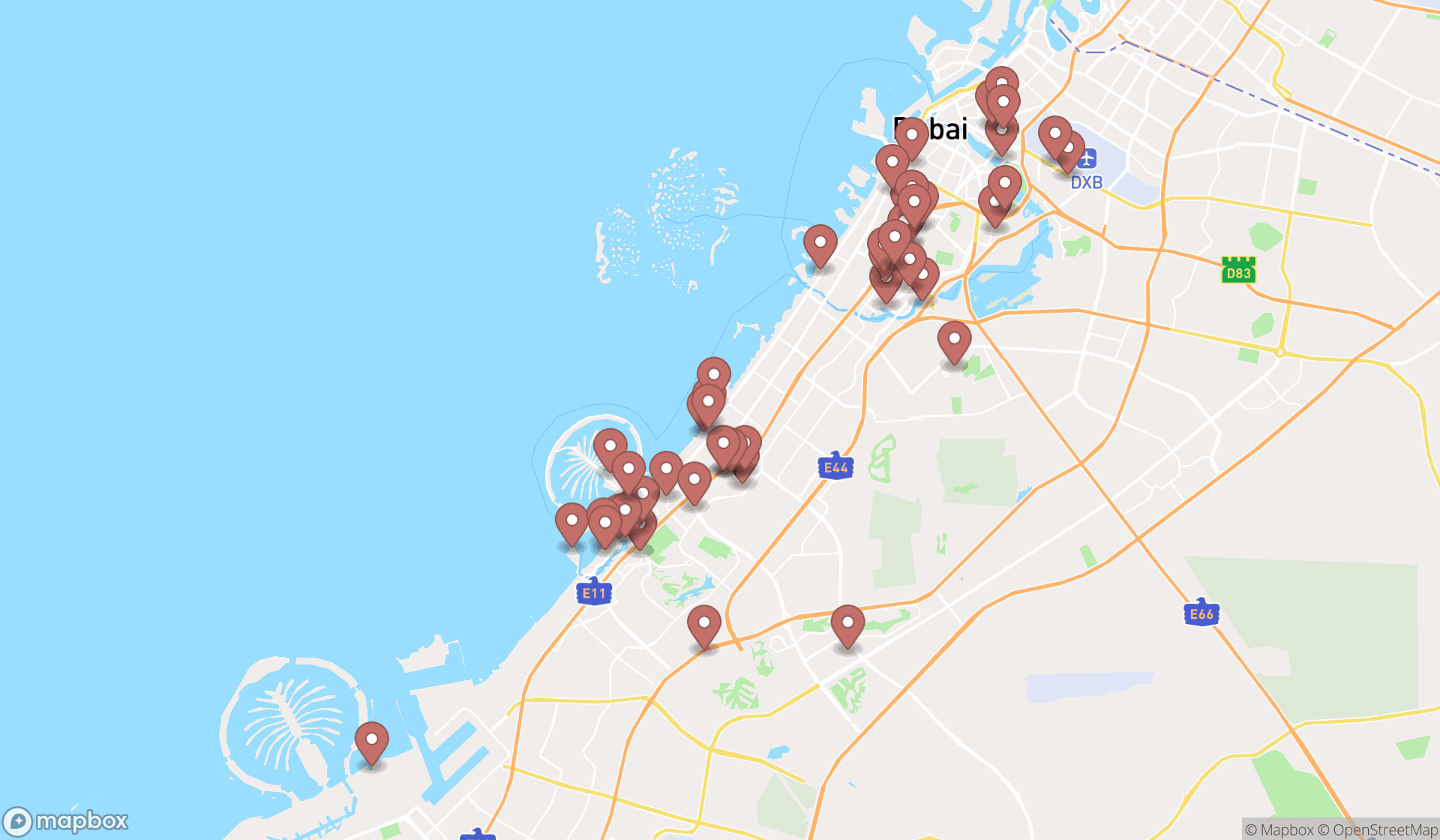 Map showing the search results in Dubai