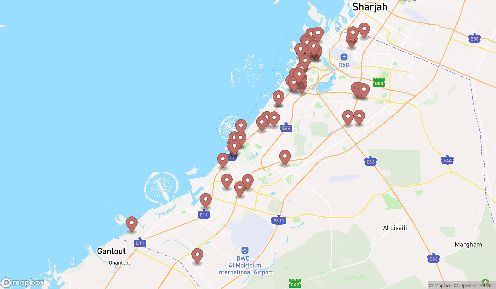 Map showing the search results in Dubai