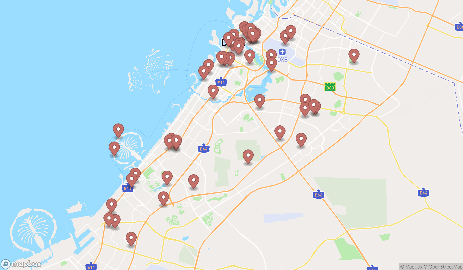 Map showing the search results in Dubai