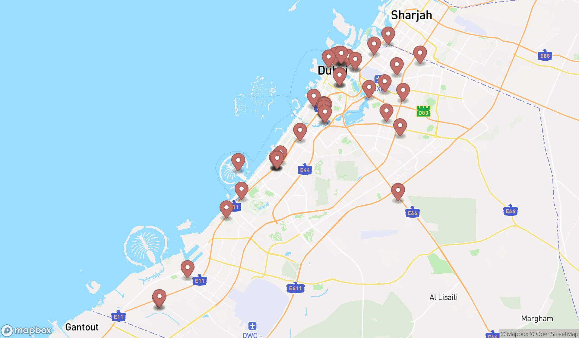 Map showing the search results in Dubai