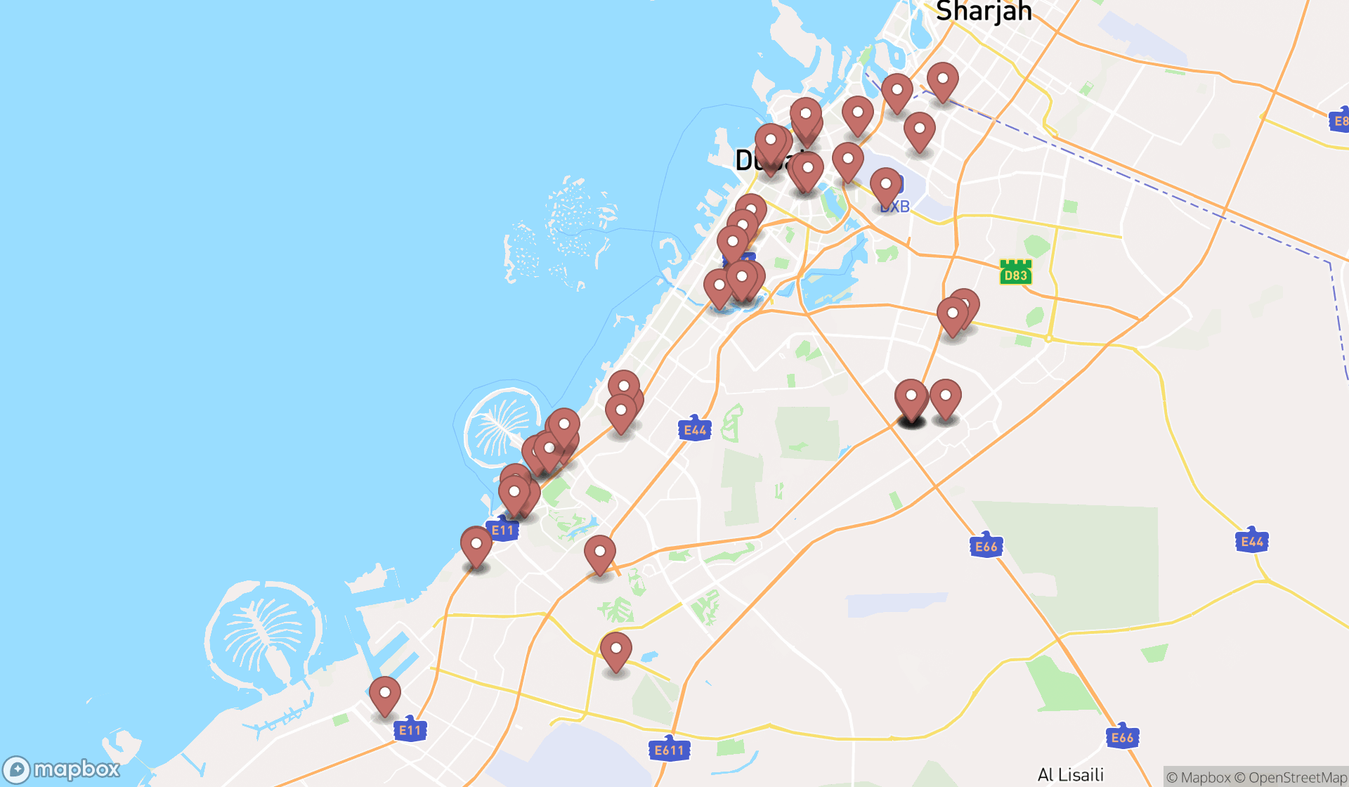 Map showing the search results in Dubai