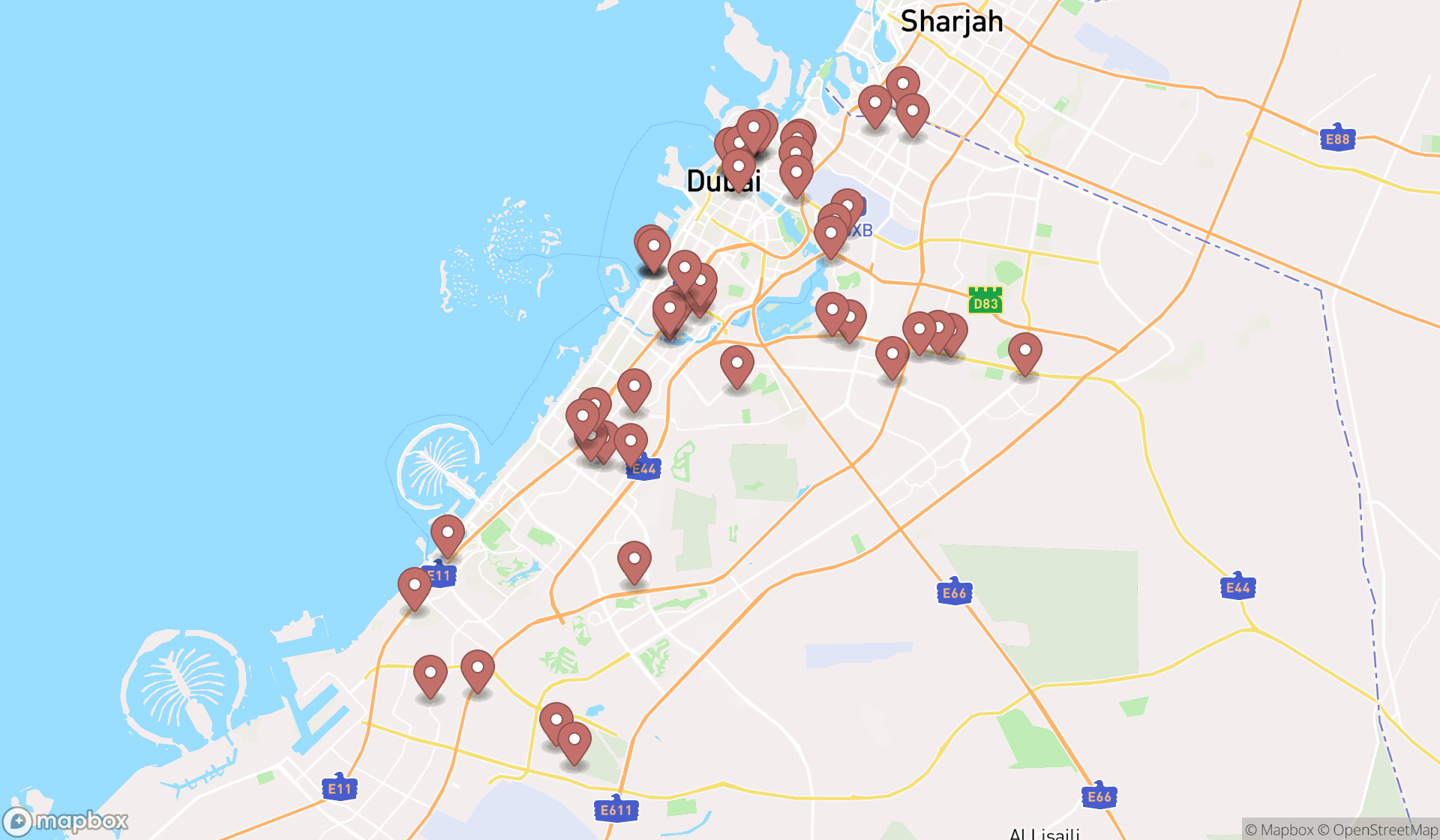 Map showing the search results in Dubai
