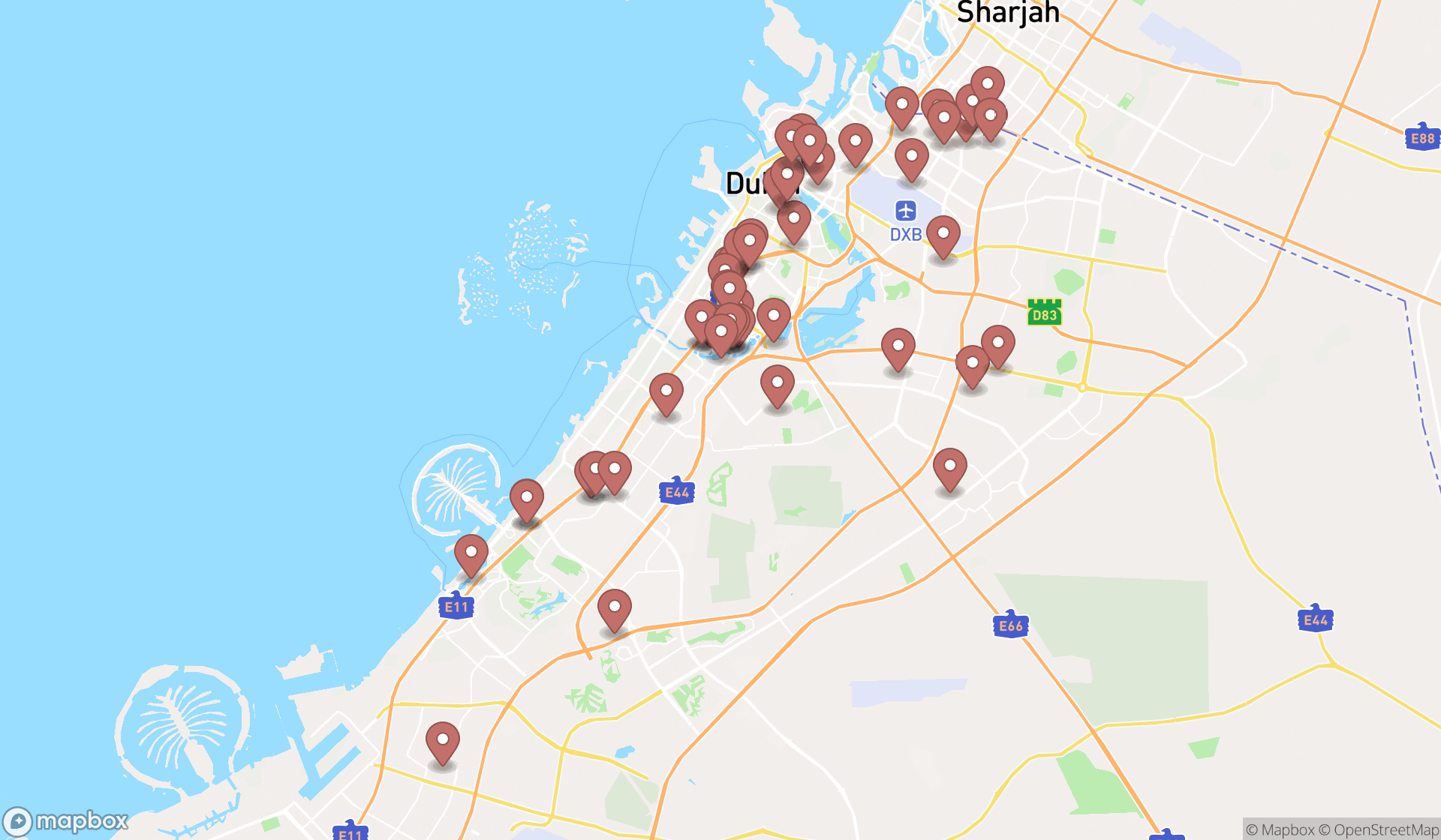 Map showing the search results in Dubai
