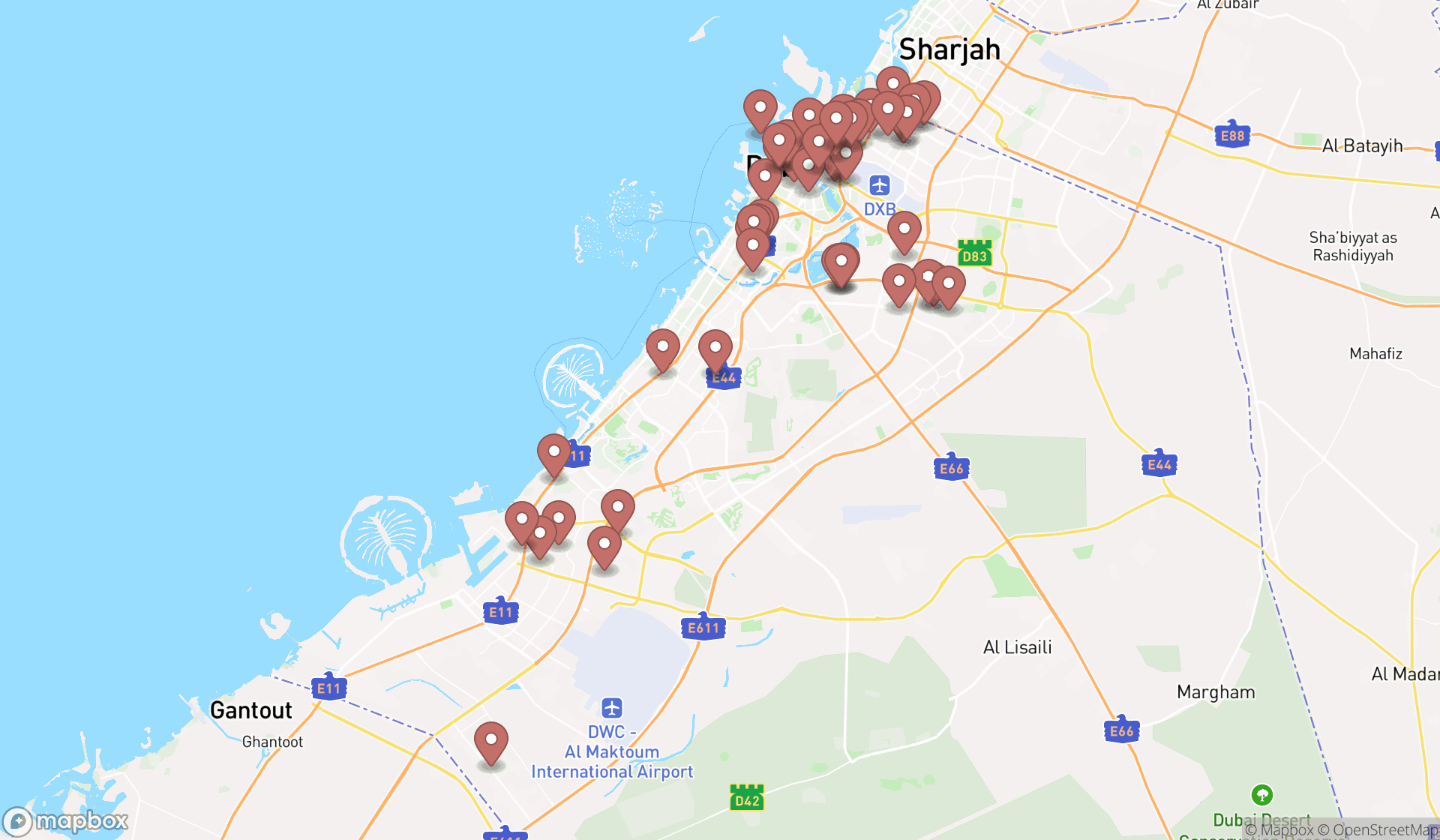 Map showing the search results in Dubai
