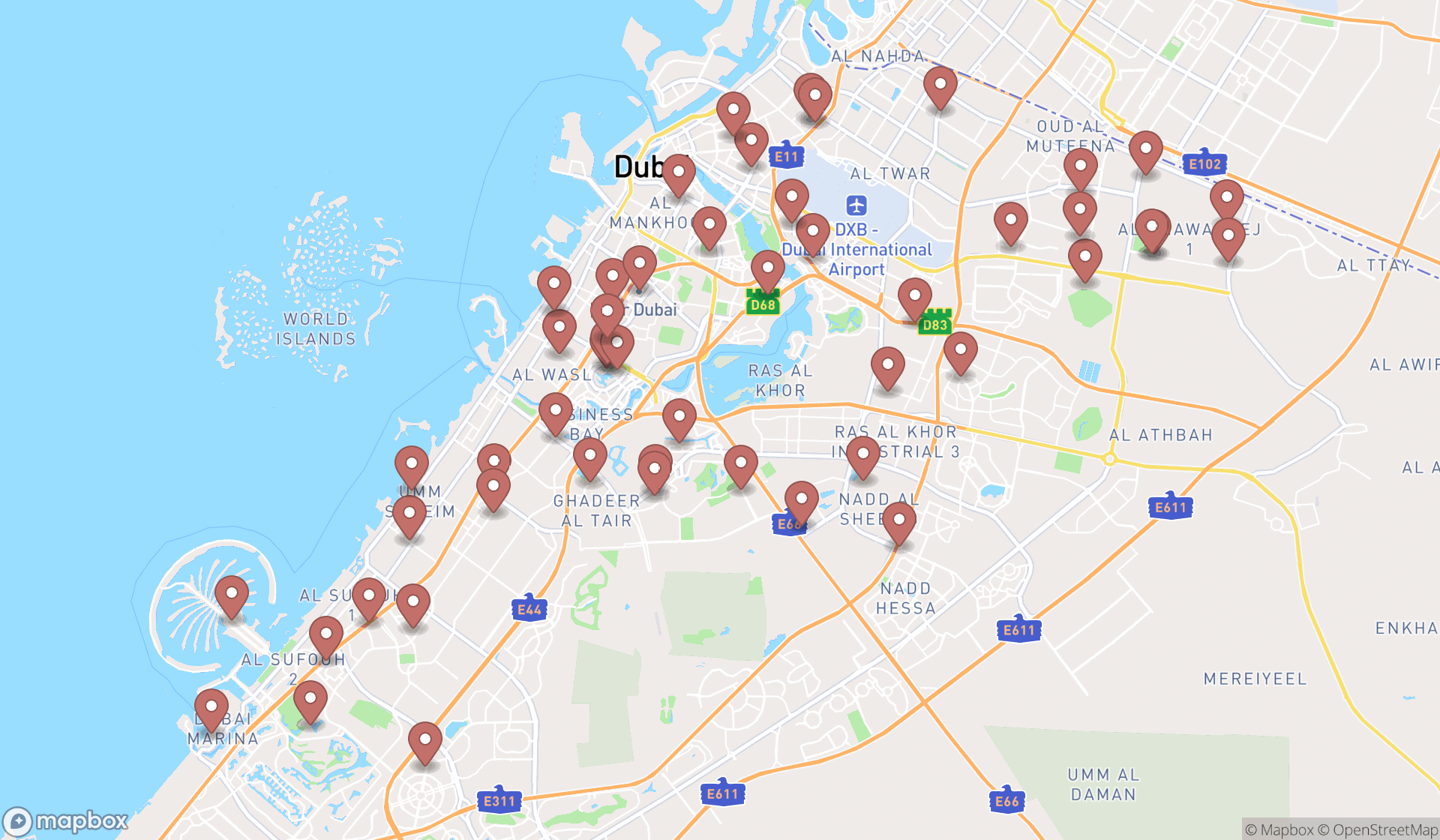 Map showing the search results in Dubai