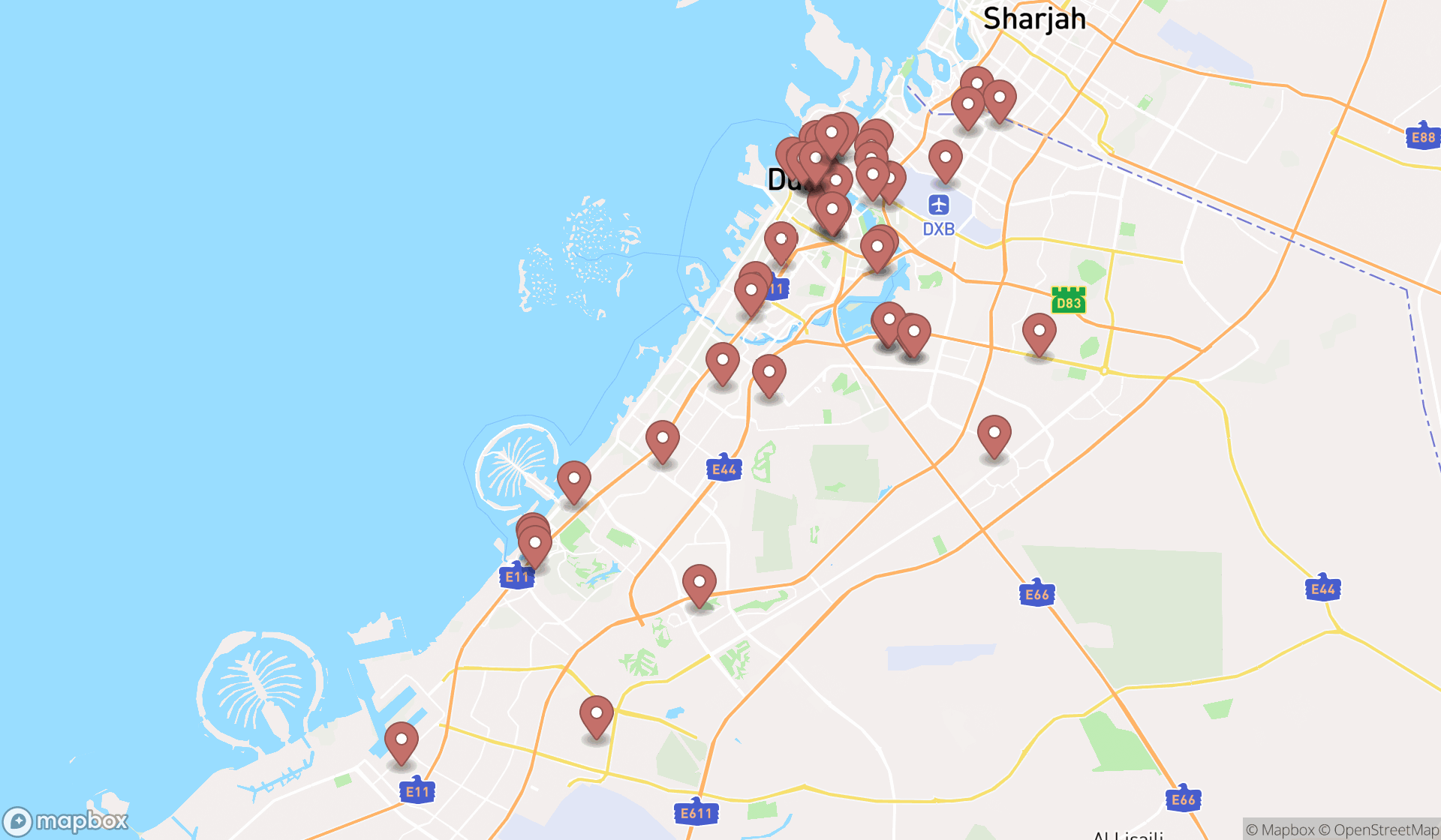 Map showing the search results in Dubai