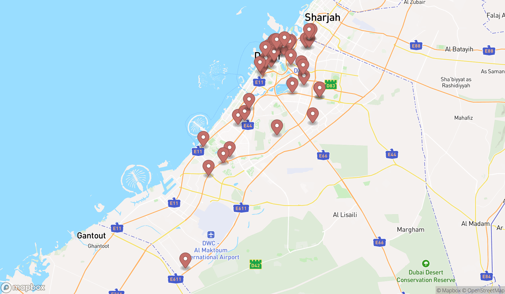 Map showing the search results in Dubai