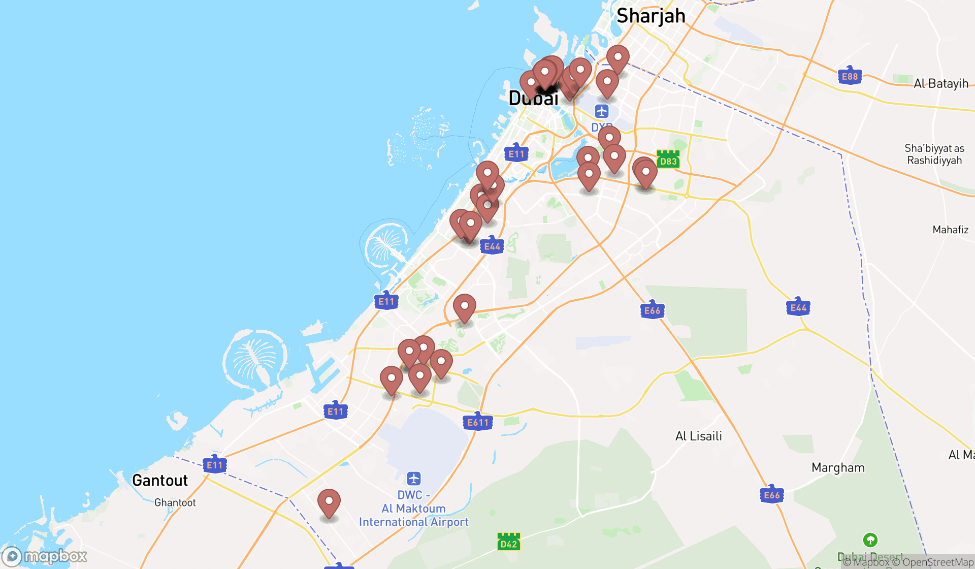 Map showing the search results in Dubai