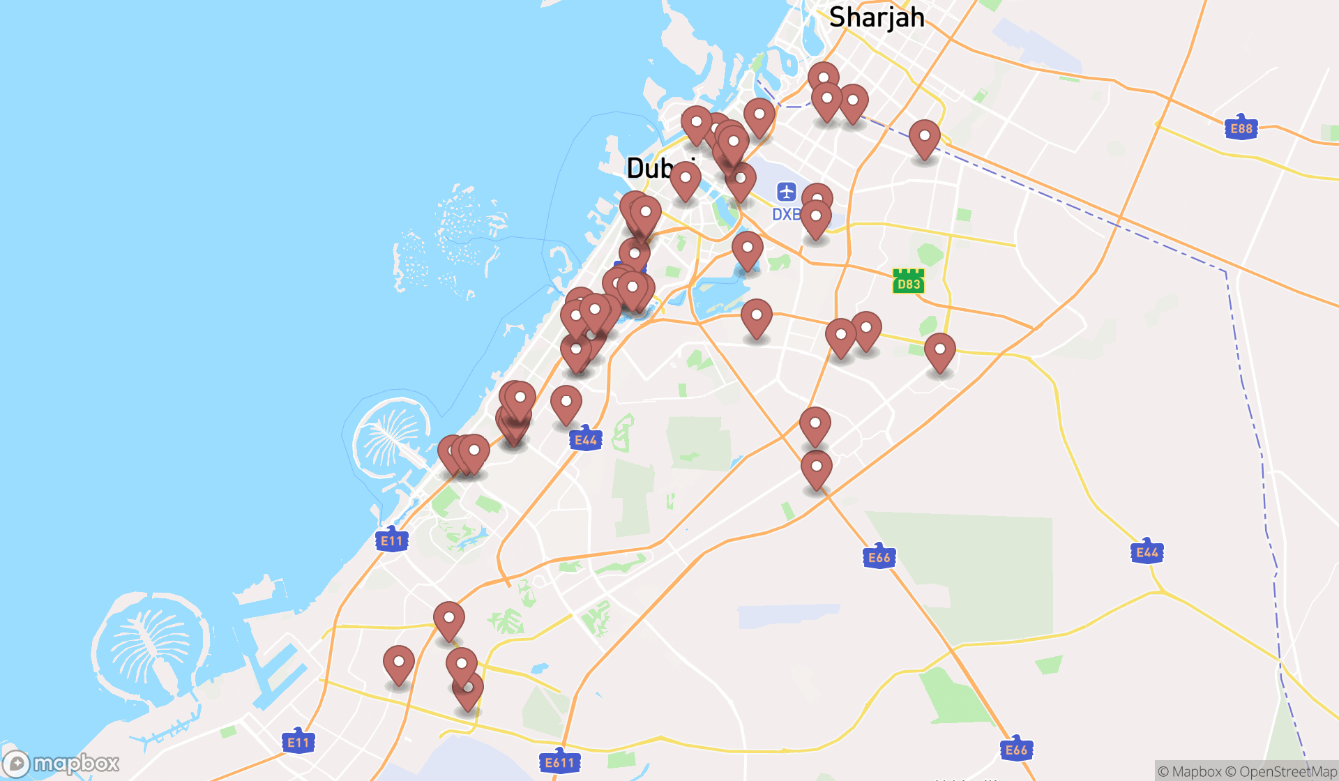 Map showing the search results in Dubai