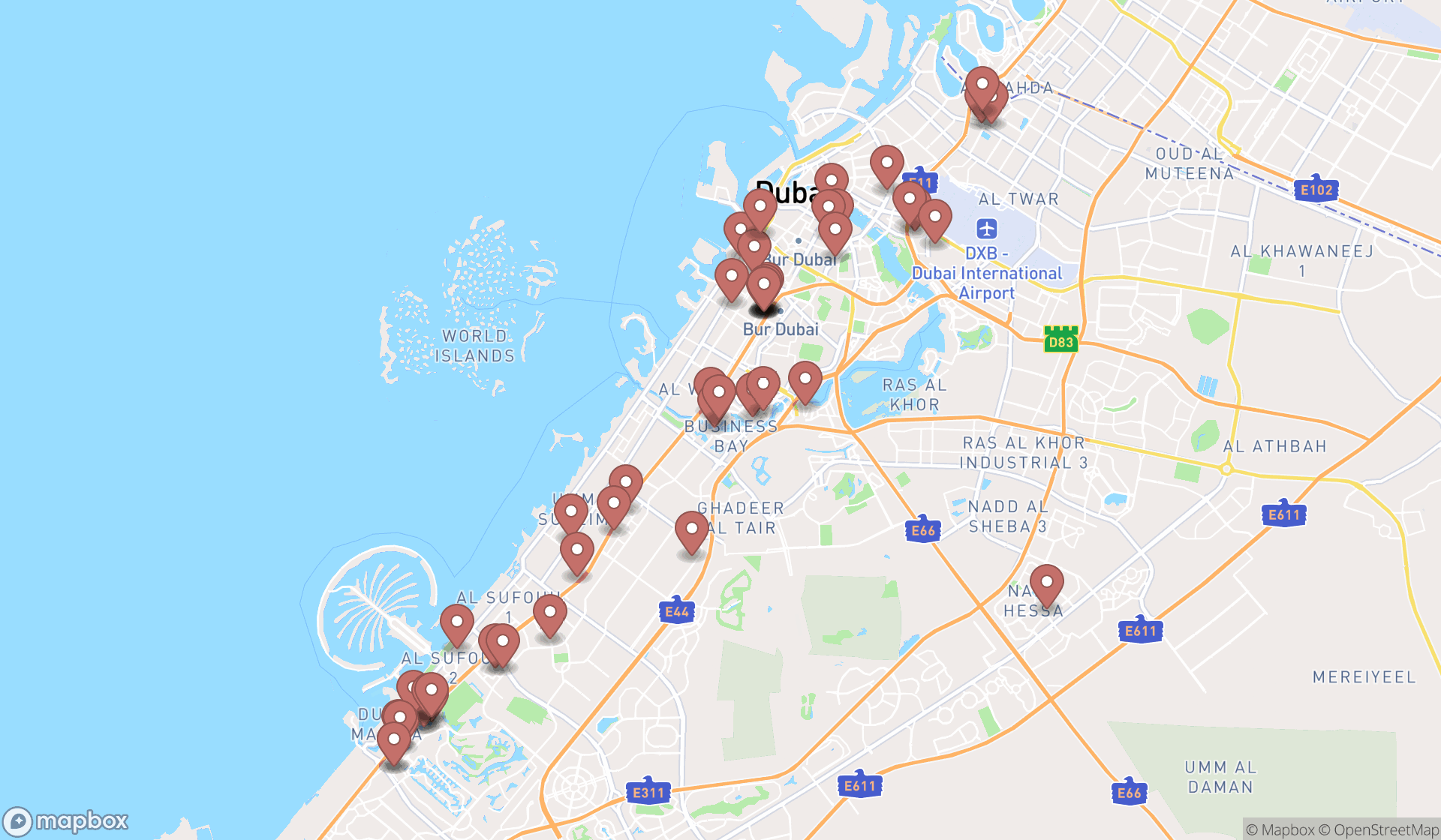 Map showing the search results in Dubai