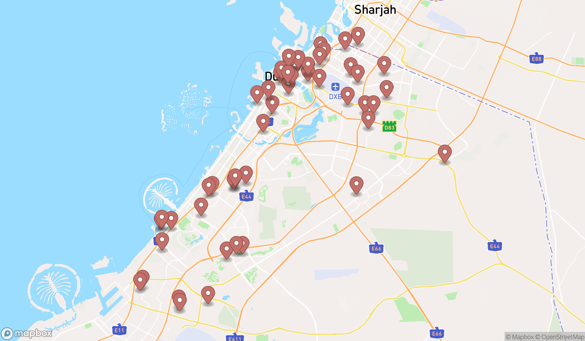 Map showing the search results in Dubai