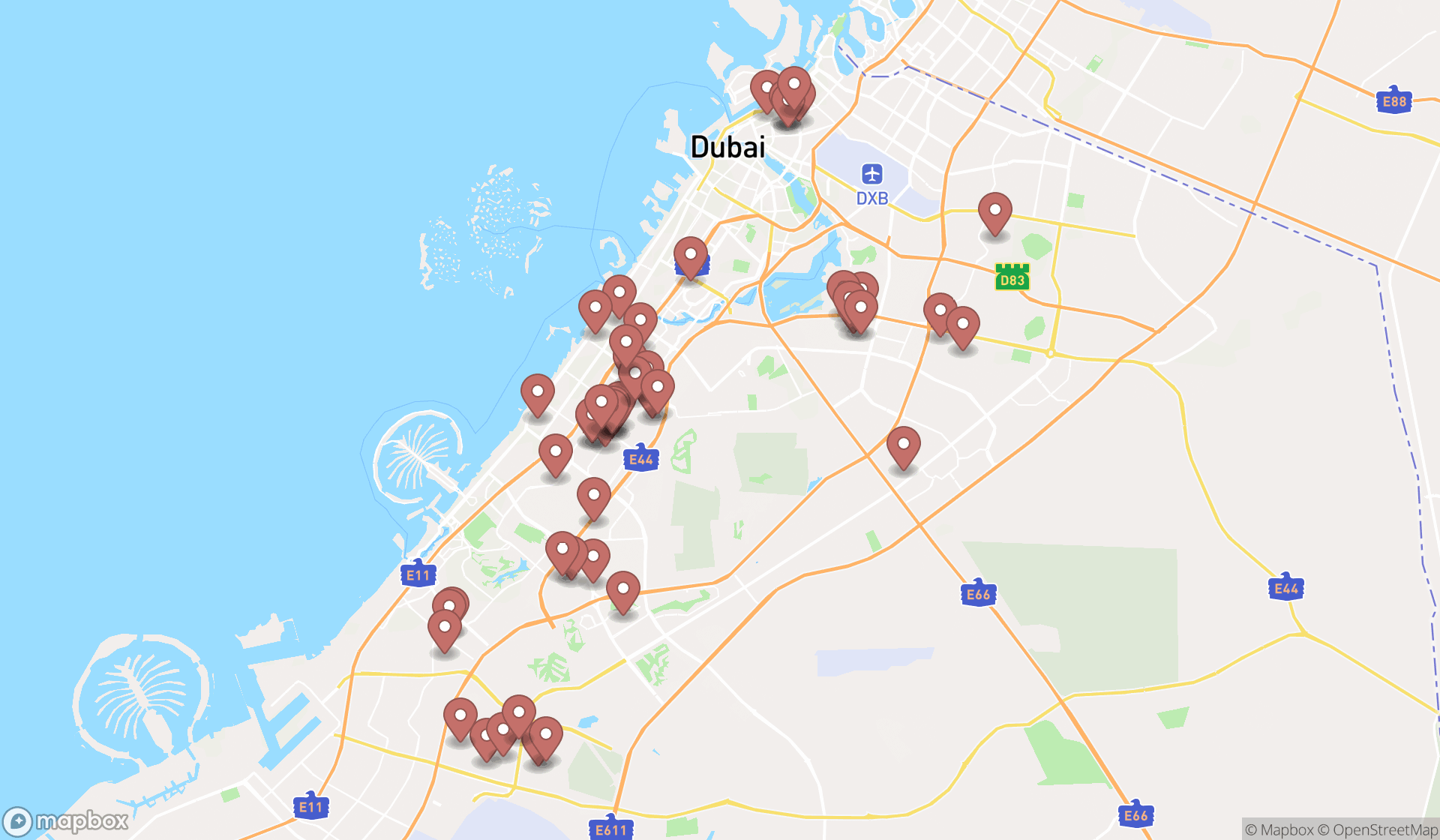 Map showing the search results in Dubai