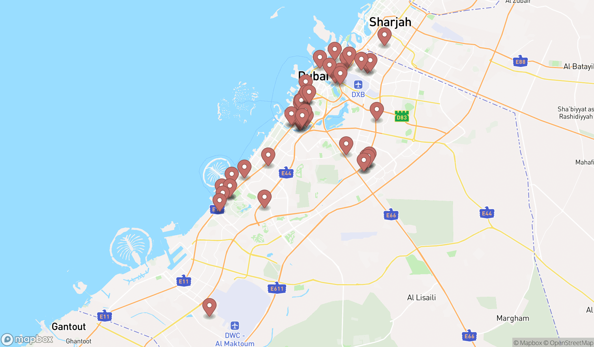 Map showing the search results in Dubai