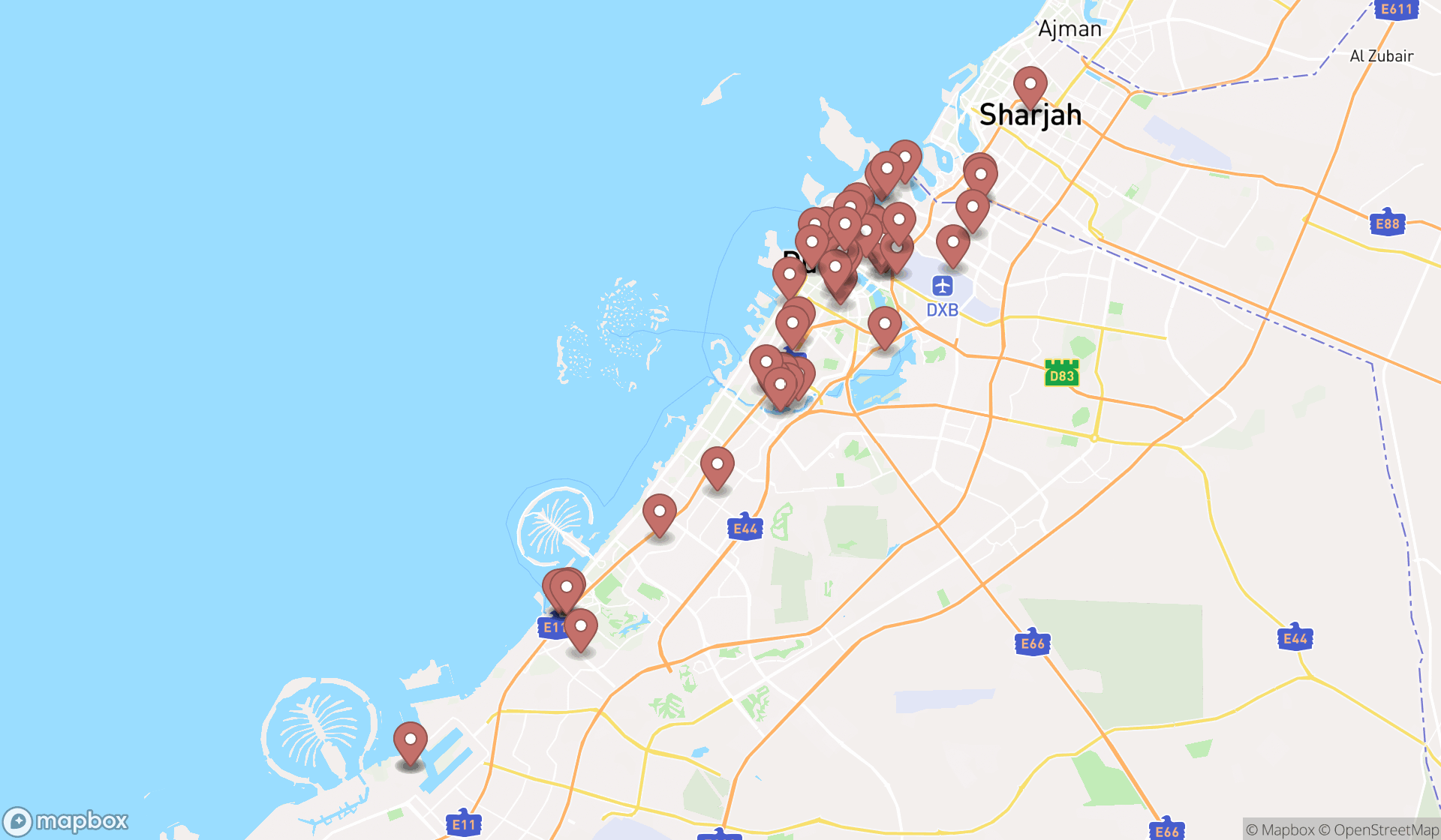 Map showing the search results in Dubai