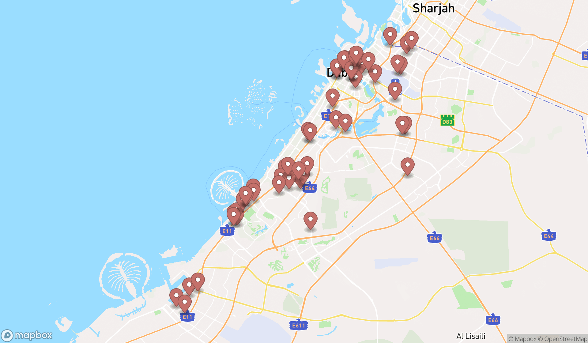 Map showing the search results in Dubai
