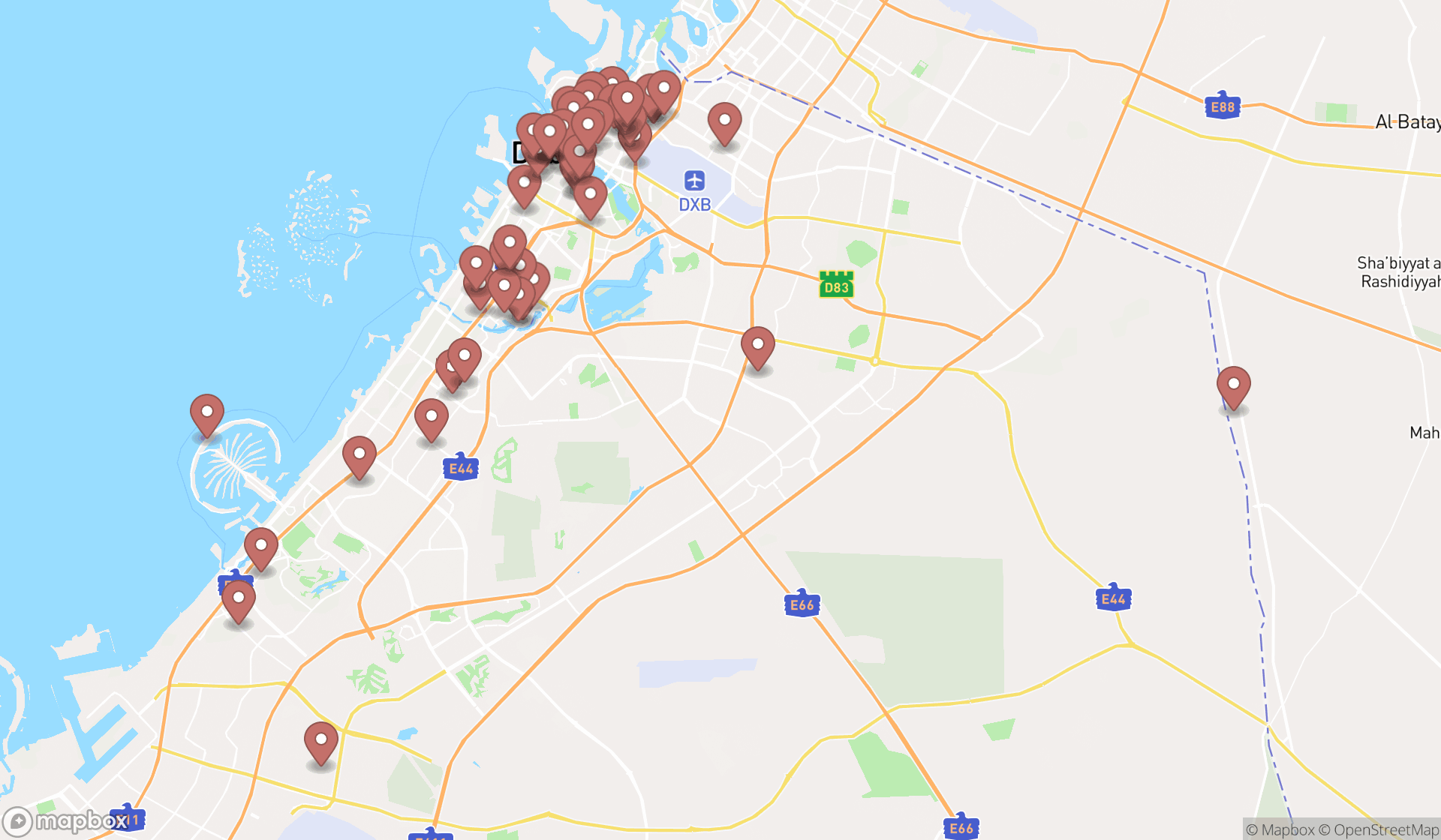 Map showing the search results in Dubai