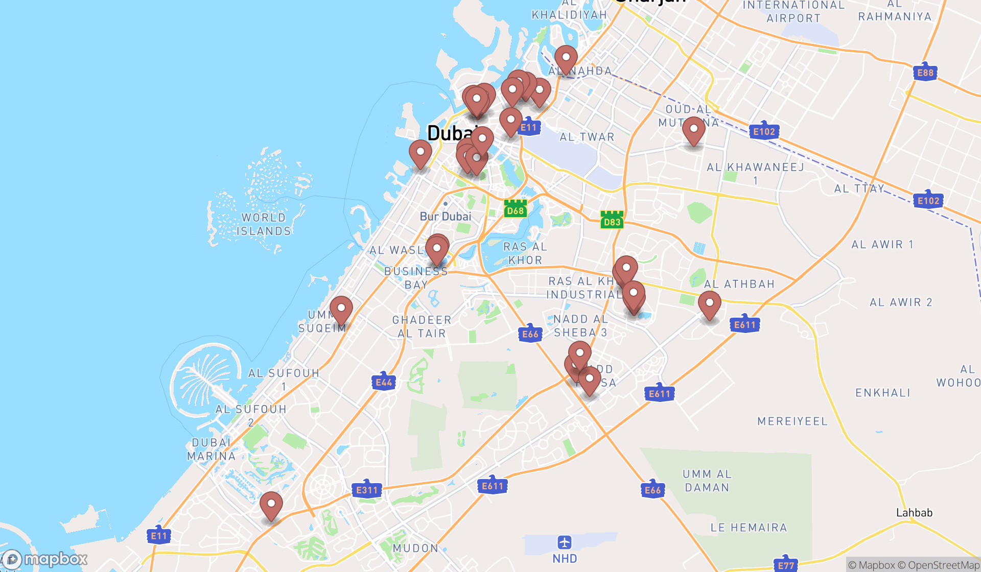 Map showing the search results in Dubai